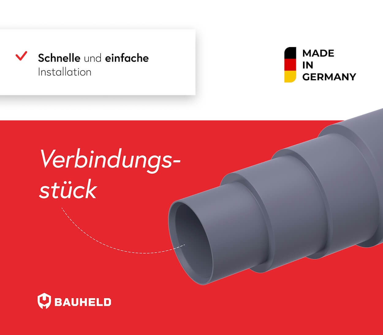 Graues Verbindungsstück mit abgestuften Ringen, Made in Germany.