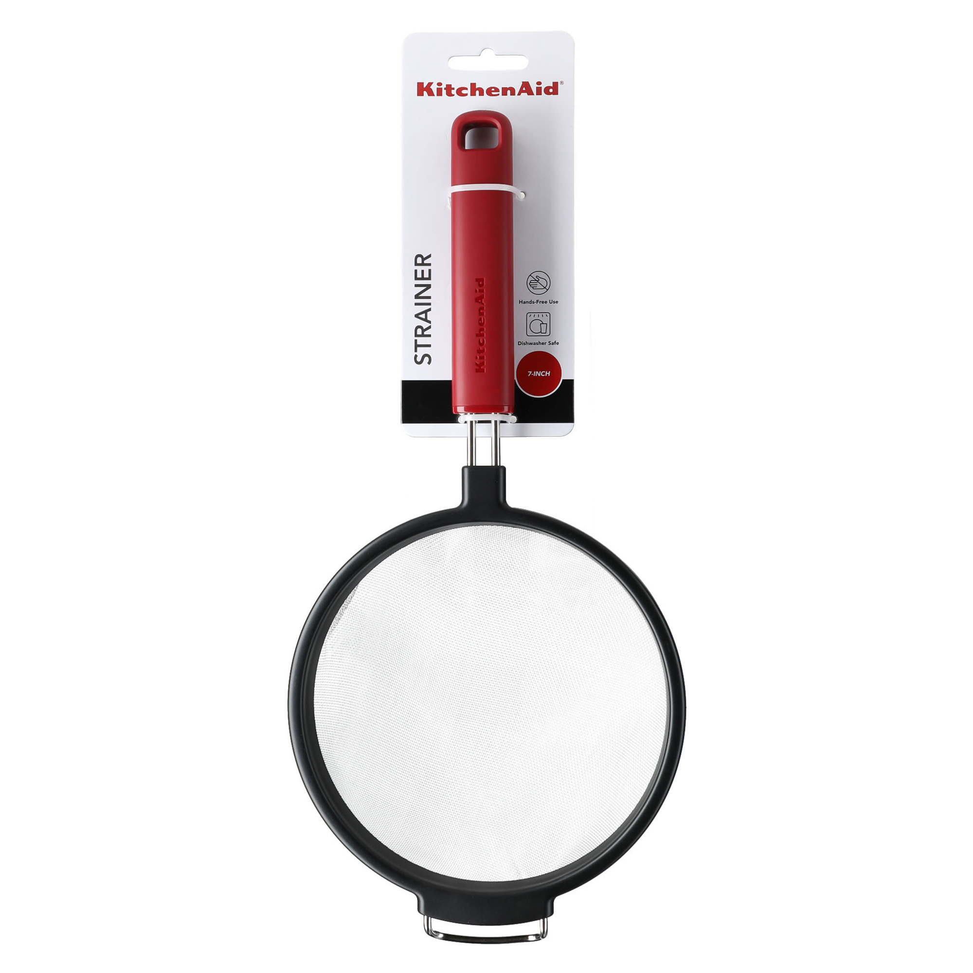 Ein KitchenAid-Sieb mit rotem Griff und weißem Netz auf weißem Hintergrund.
