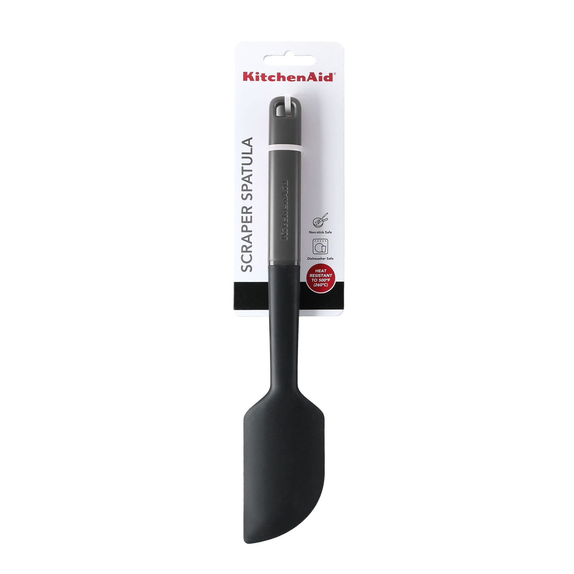 Ein grauer KitchenAid Schaber-Spatel mit weißem Aufhänger und Hitzeangaben.