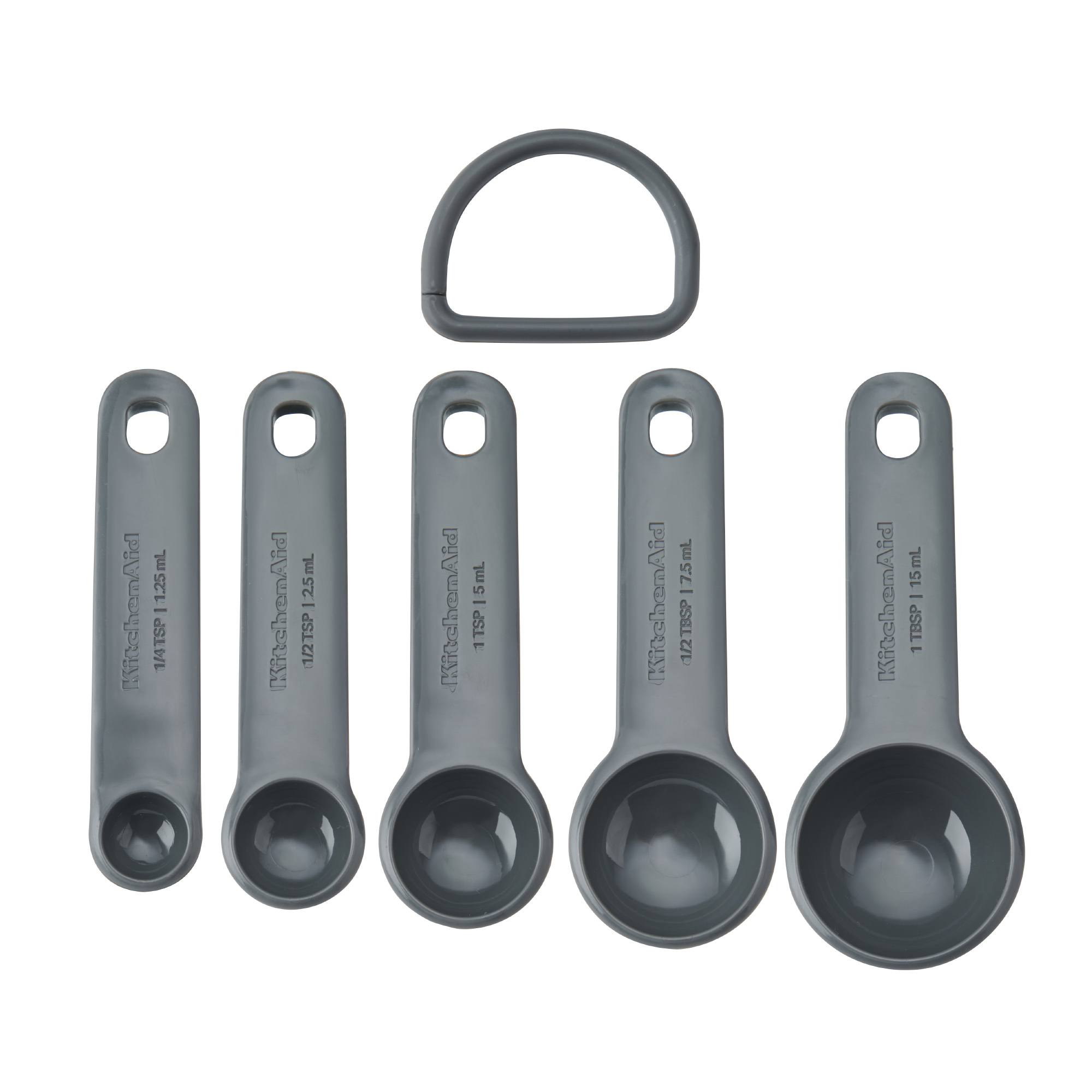 Graue KitchenAid Messlöffel: 1/4 TL bis 1 EL, mit Ring.