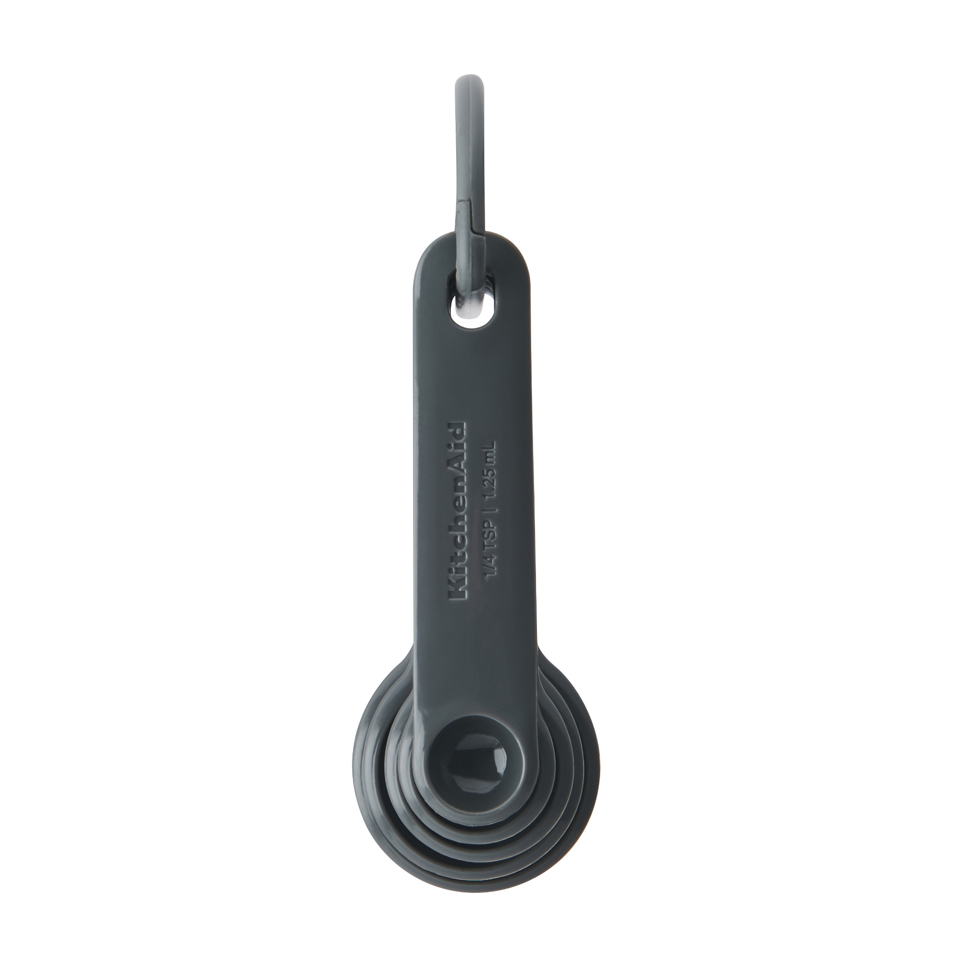 Dunkelgraue KitchenAid Messlöffel mit Haken und Beschriftung.