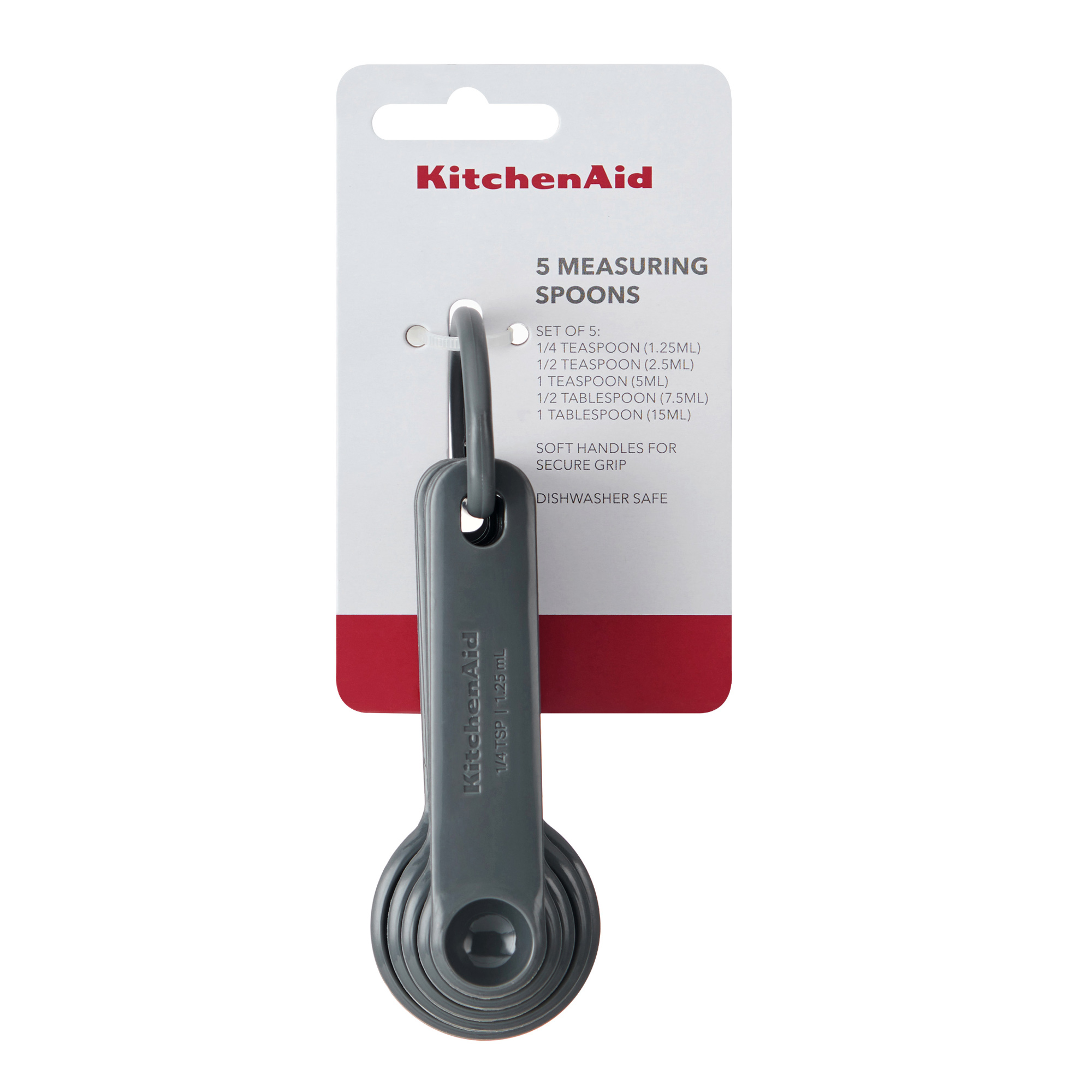 Graue KitchenAid Messlöffel im 5er-Set mit rotem Karton.