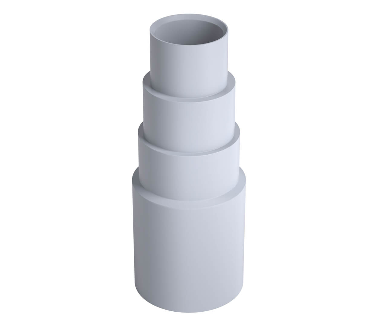 Grauer, stufenweiser Adapter oder Rohrverbinder auf weißem Hintergrund.