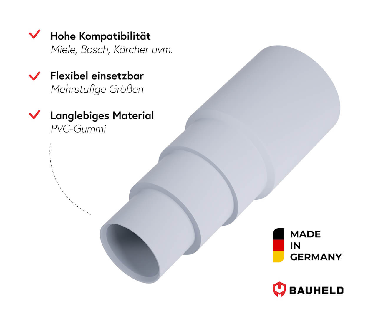 Grauer, mehrstufiger Schlauchadapter aus PVC-Gummi, Made in Germany.