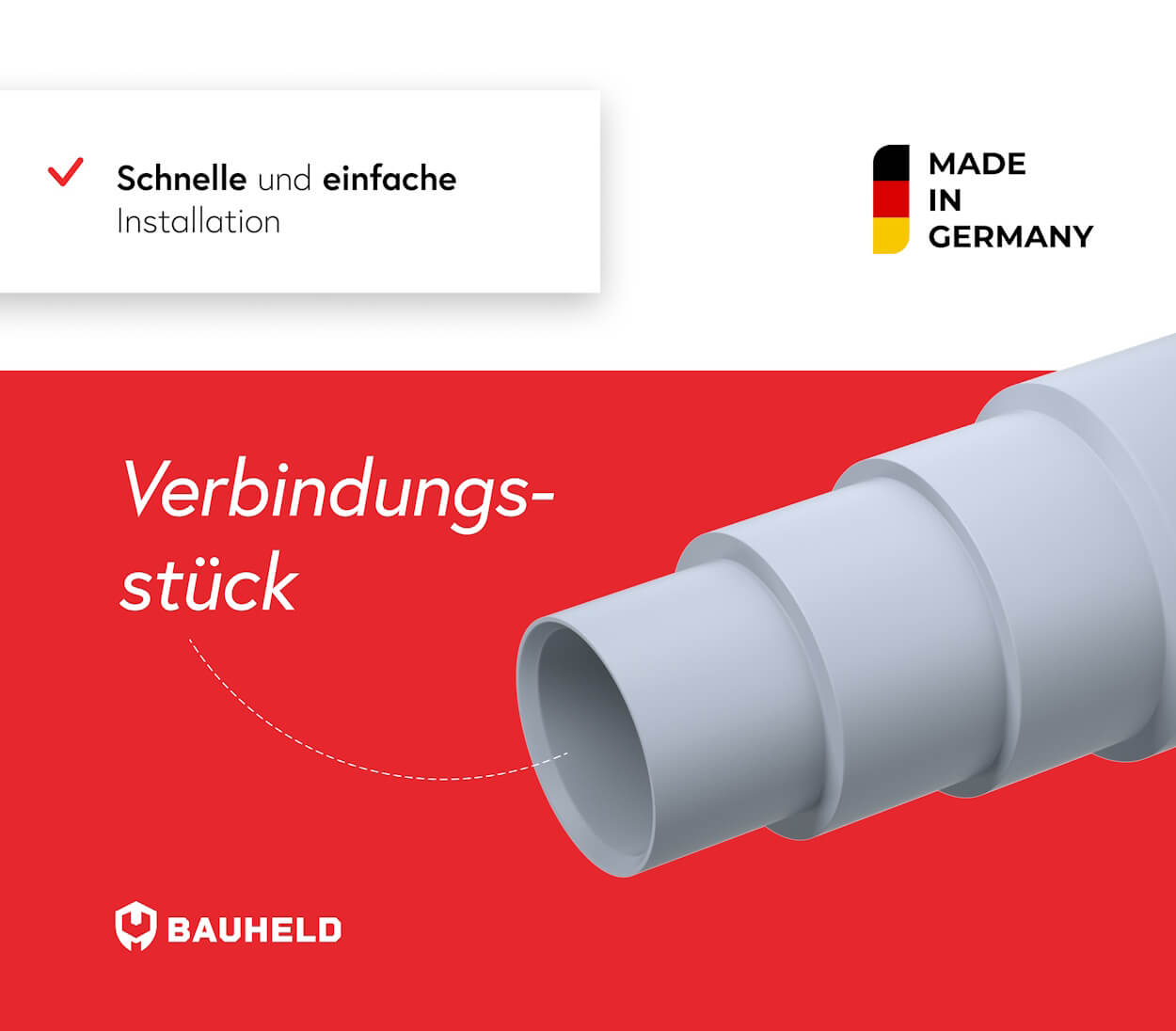 Graues Verbindungsstück mit Ringen, Made in Germany Logo, Text.