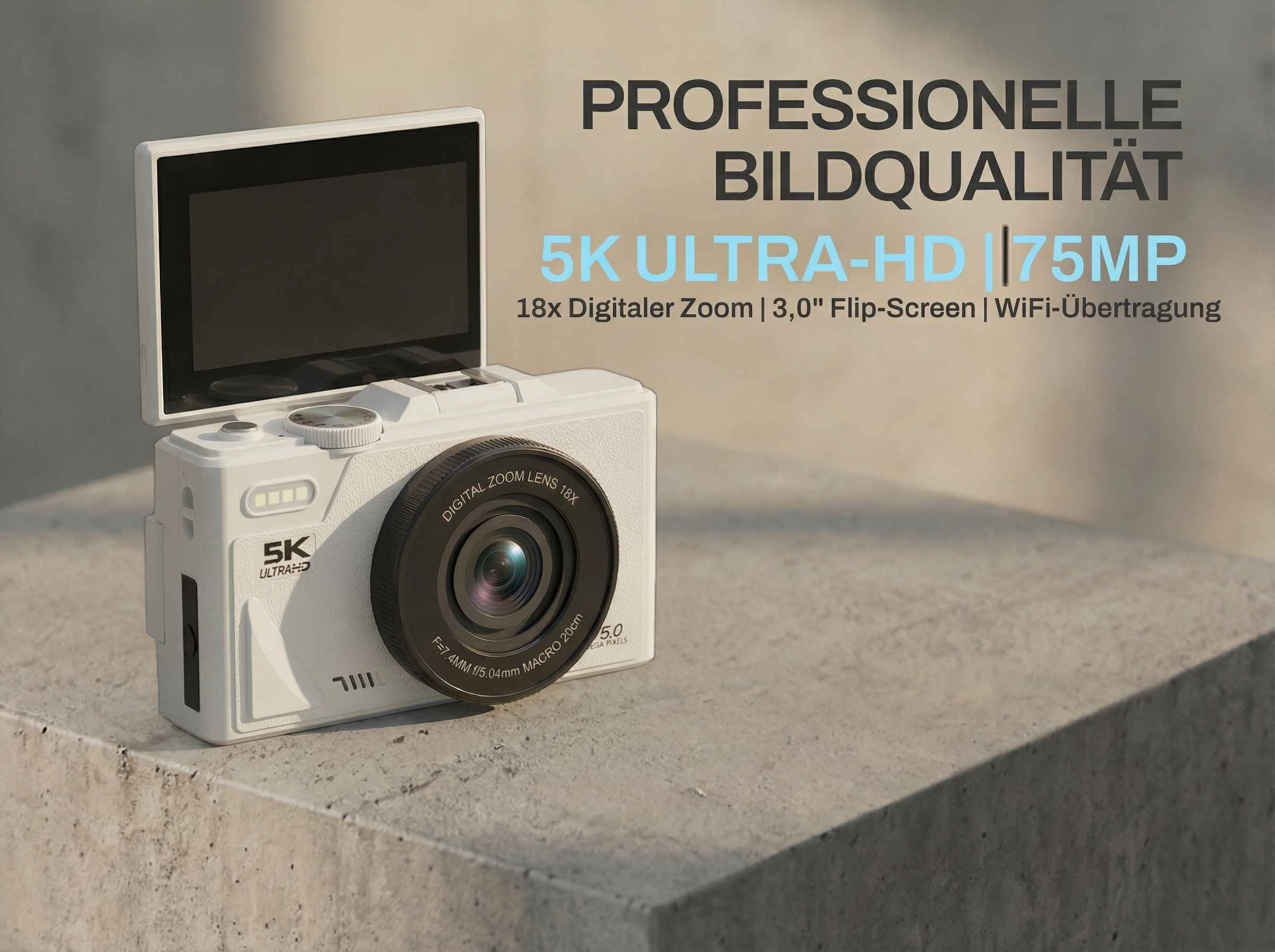 Weiße Kamera mit 5K Ultra-HD, 75MP, 18x Zoom, 3" Flip-Screen, WiFi.