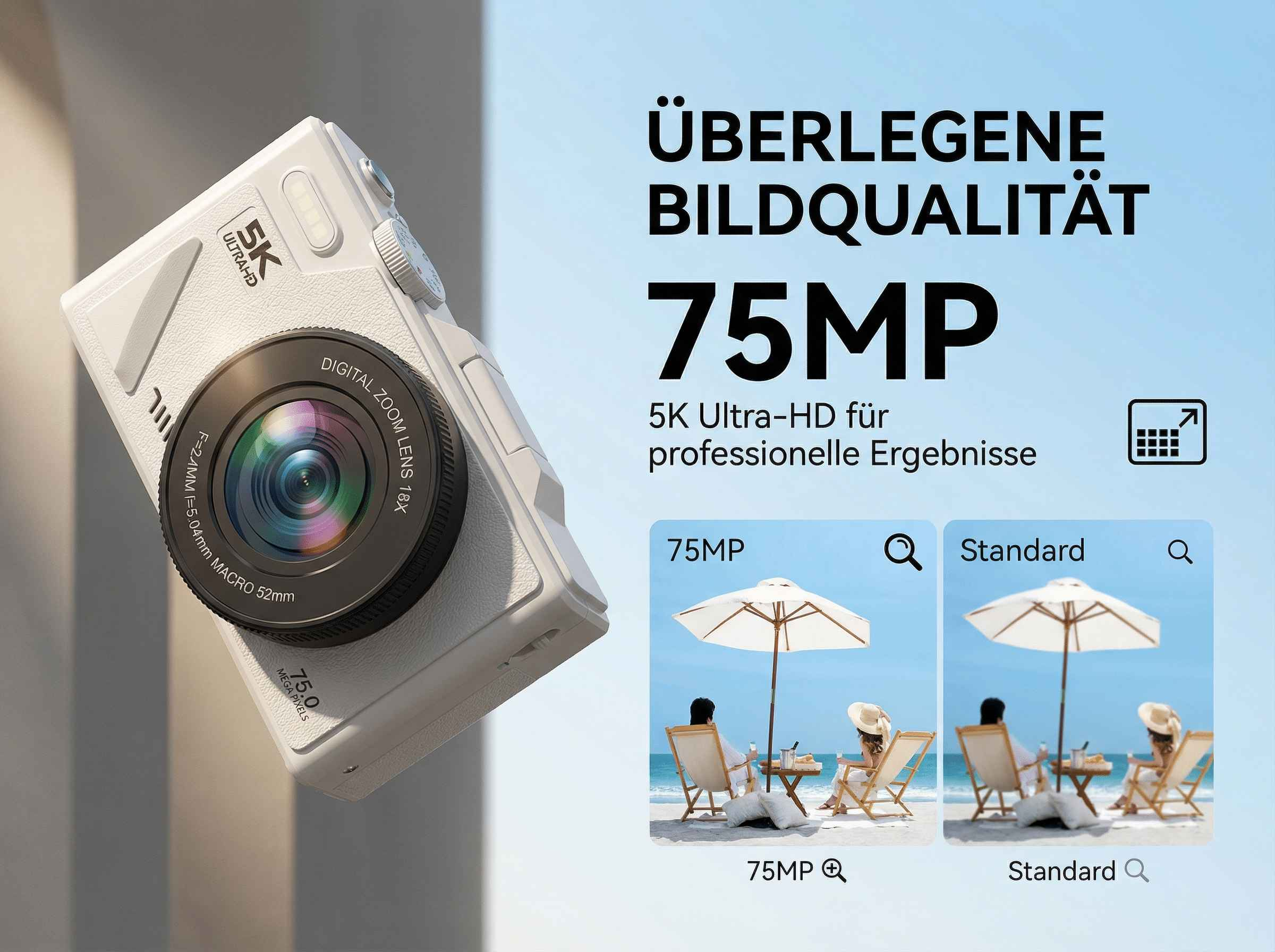 Eine weiße Kamera mit 75MP und 5K Ultra-HD-Auflösung. Bildvergleich.