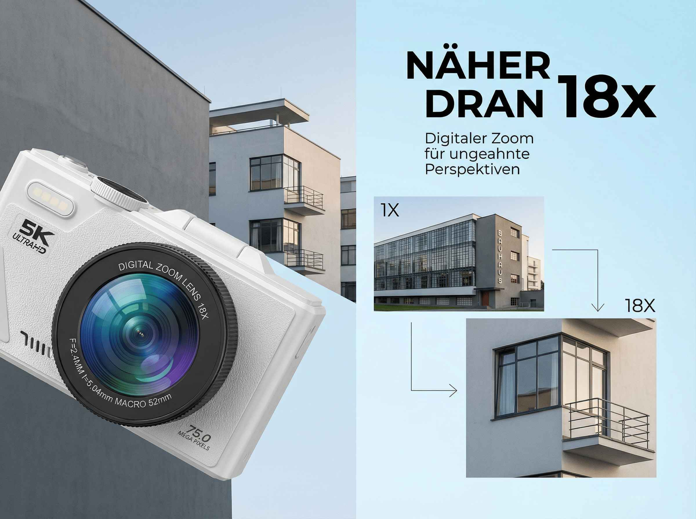 Eine weiße Kamera mit 75 MP vor einem Gebäude im Bauhaus-Stil.