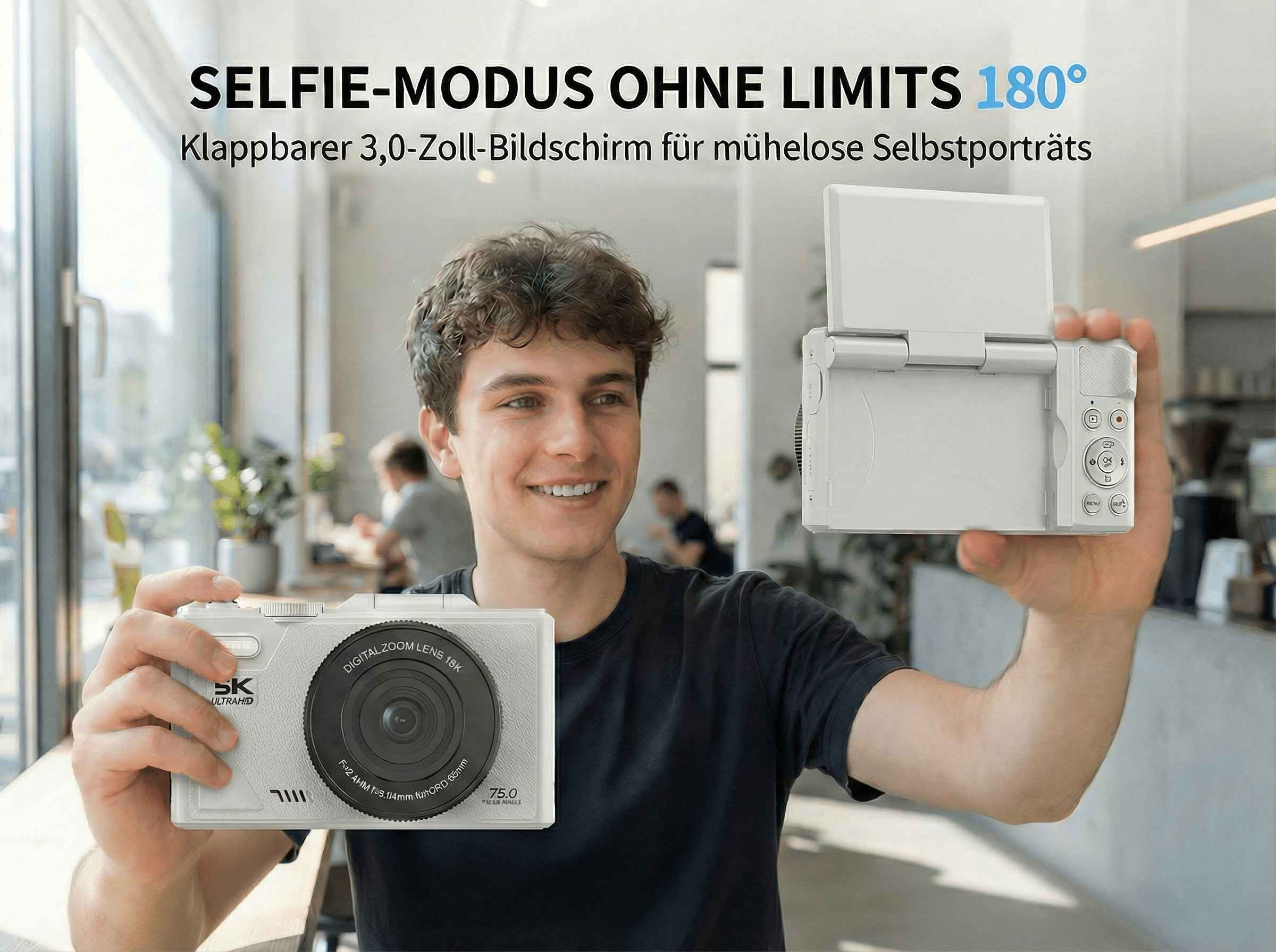 Ein Mann hält eine weiße Kamera, um ein Selfie zu machen, mit schwenkbarem Bildschirm.