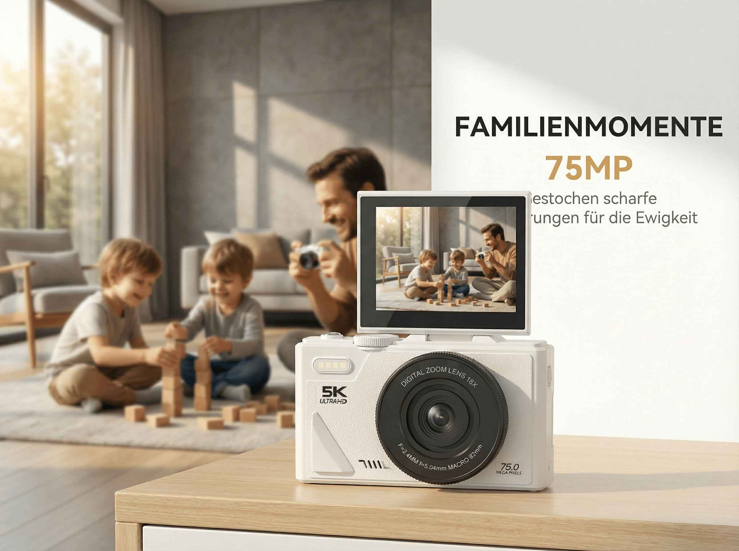 Eine weiße Kamera zeigt ein Foto einer Familie. Im Hintergrund spielen Kinder.