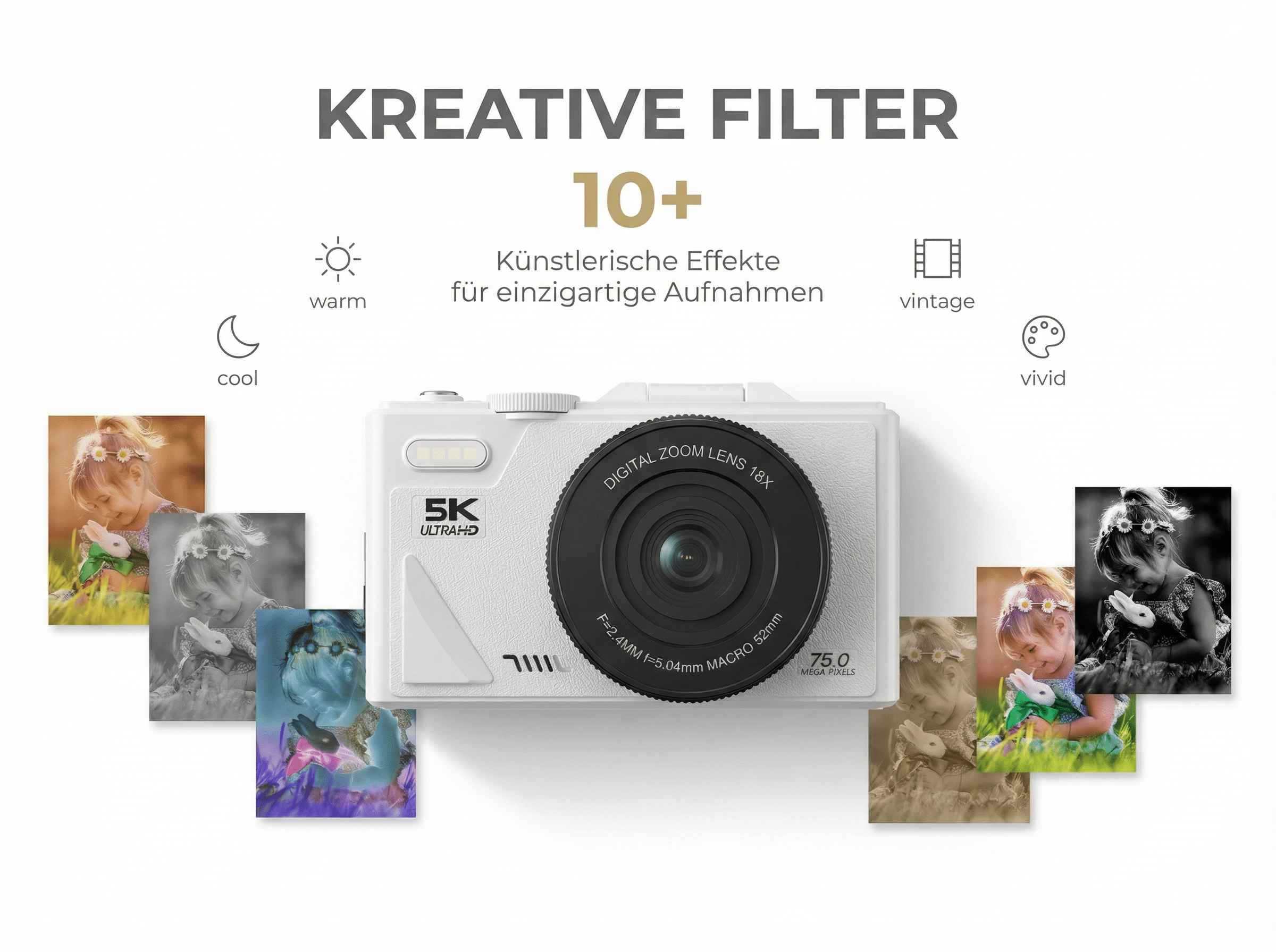 Eine weiße Digitalkamera mit verschiedenen Filterbeispielen und Text.