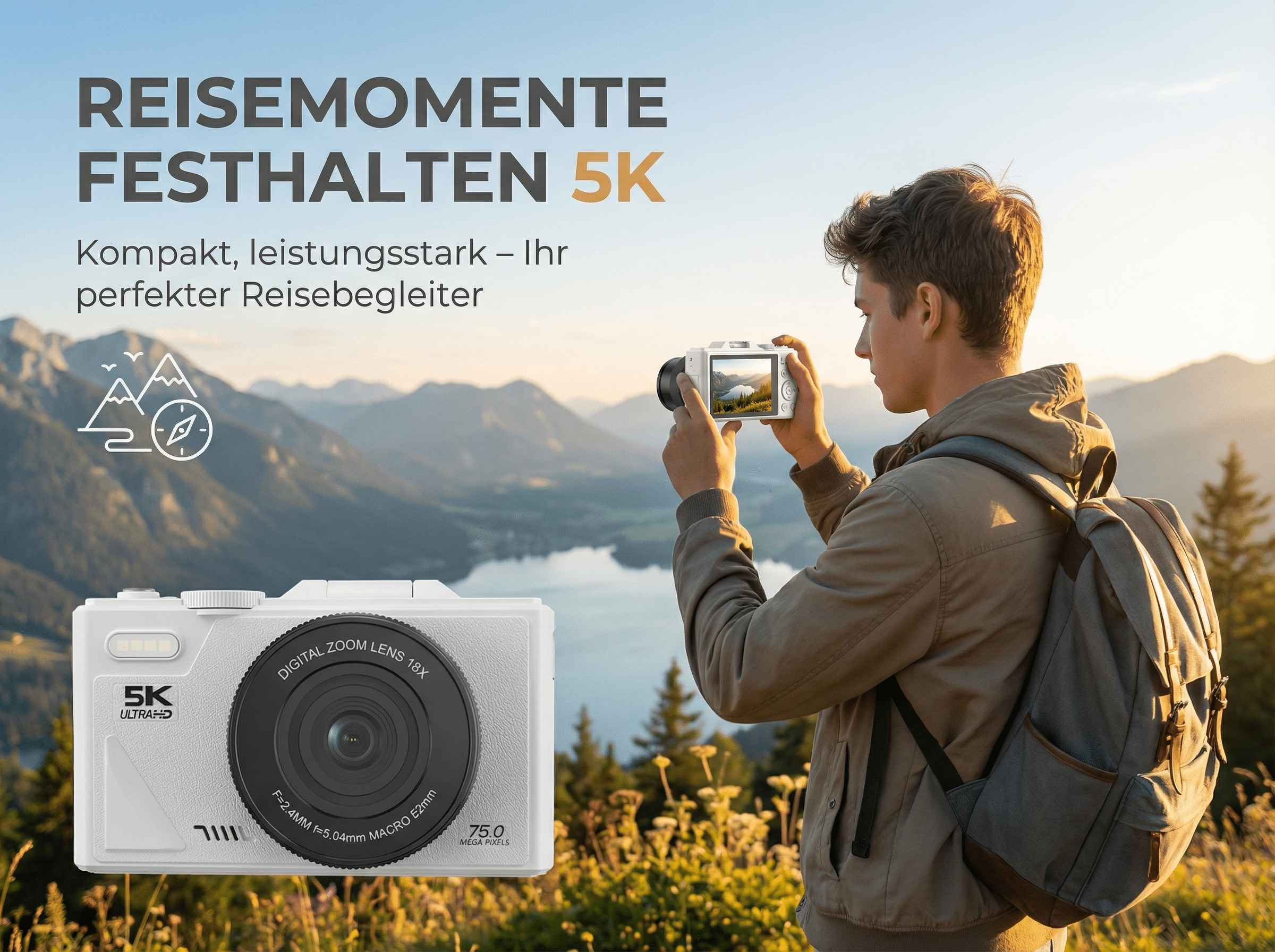 Ein Mann mit Rucksack fotografiert eine Landschaft mit einer weißen Kamera.