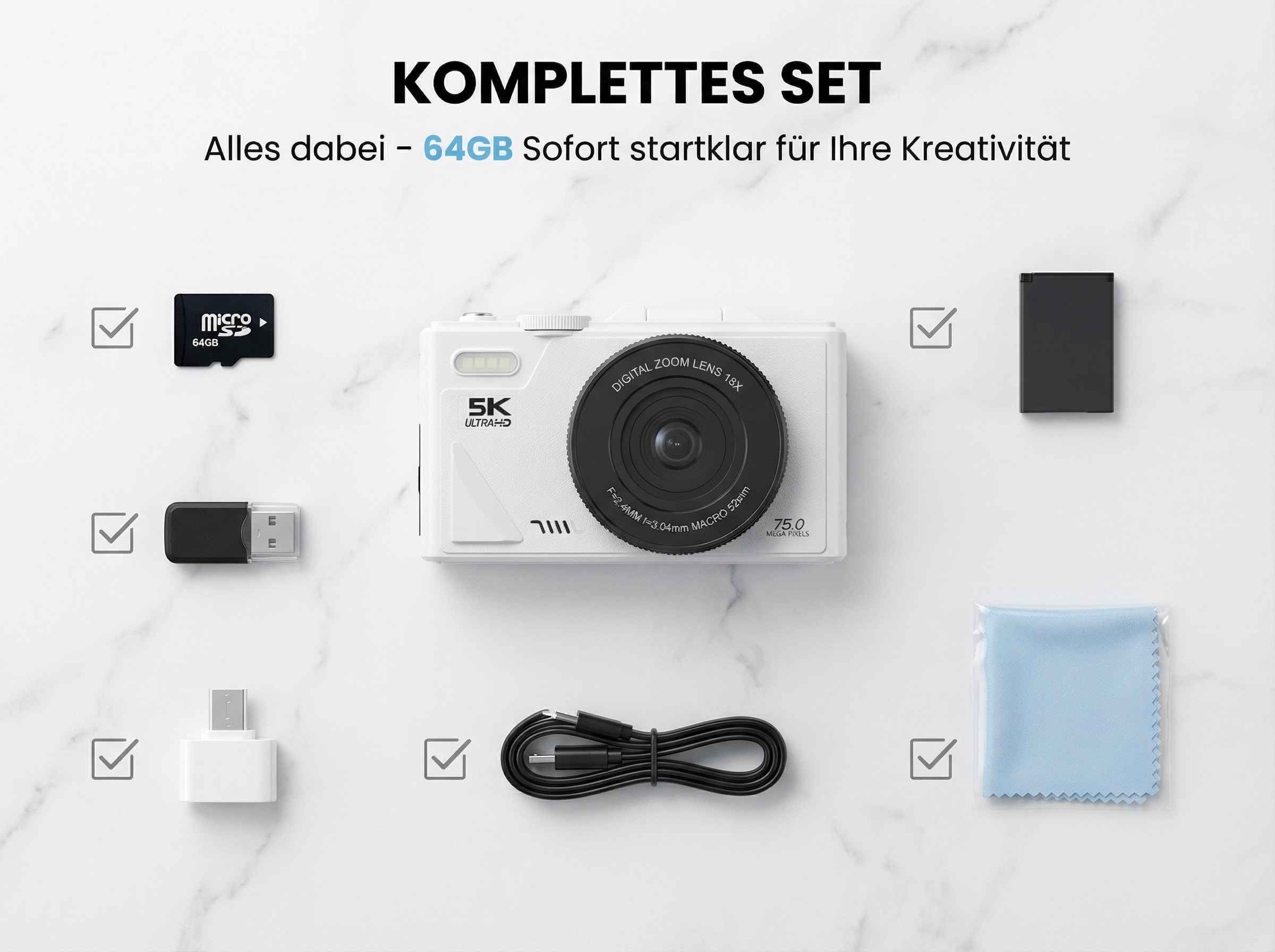 Ein weißes Kameraset mit 64GB Speicherkarte, Kabel und Reinigungstuch.