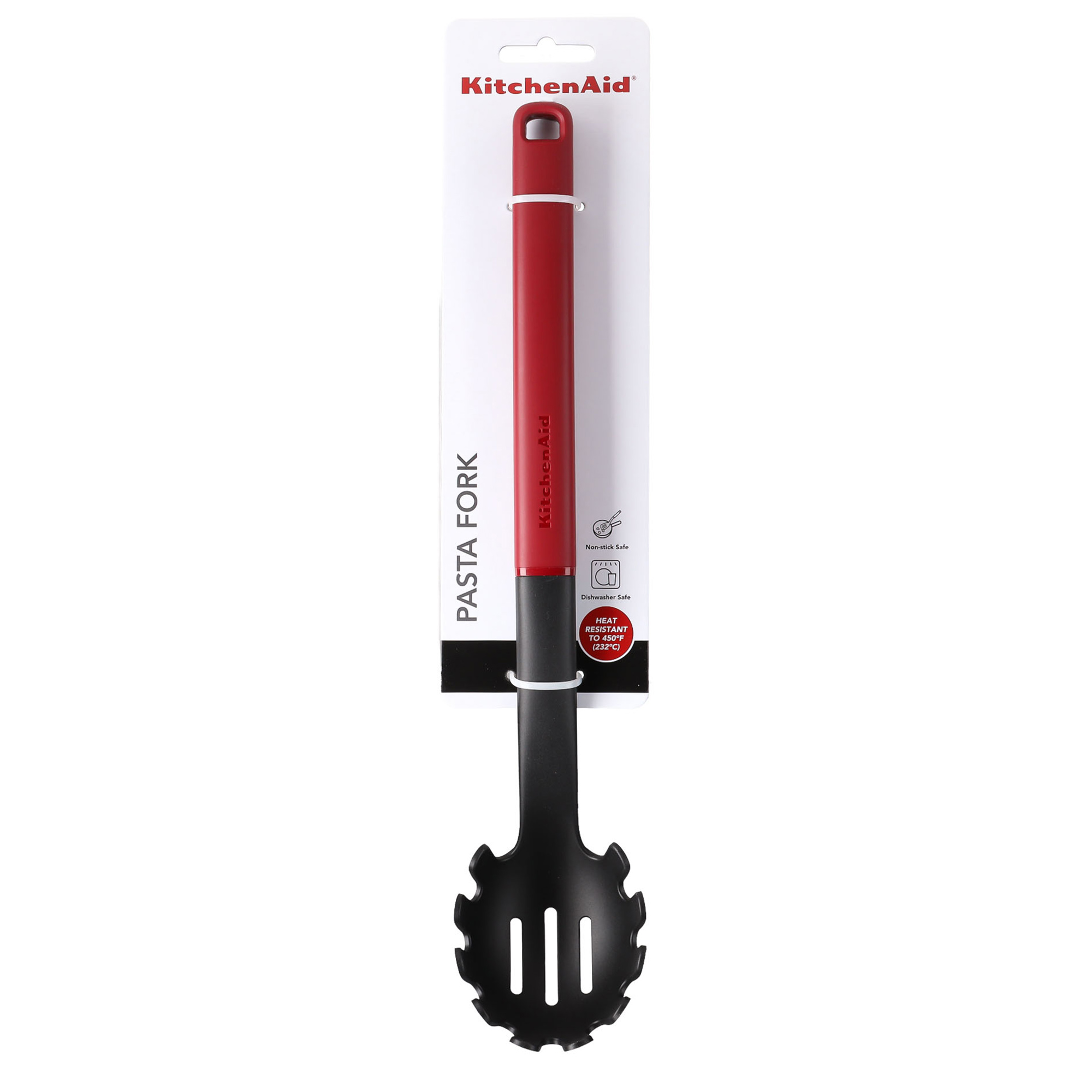 Rote Nudelkelle mit schwarzem Griff, verpackt mit Produktinformationen.