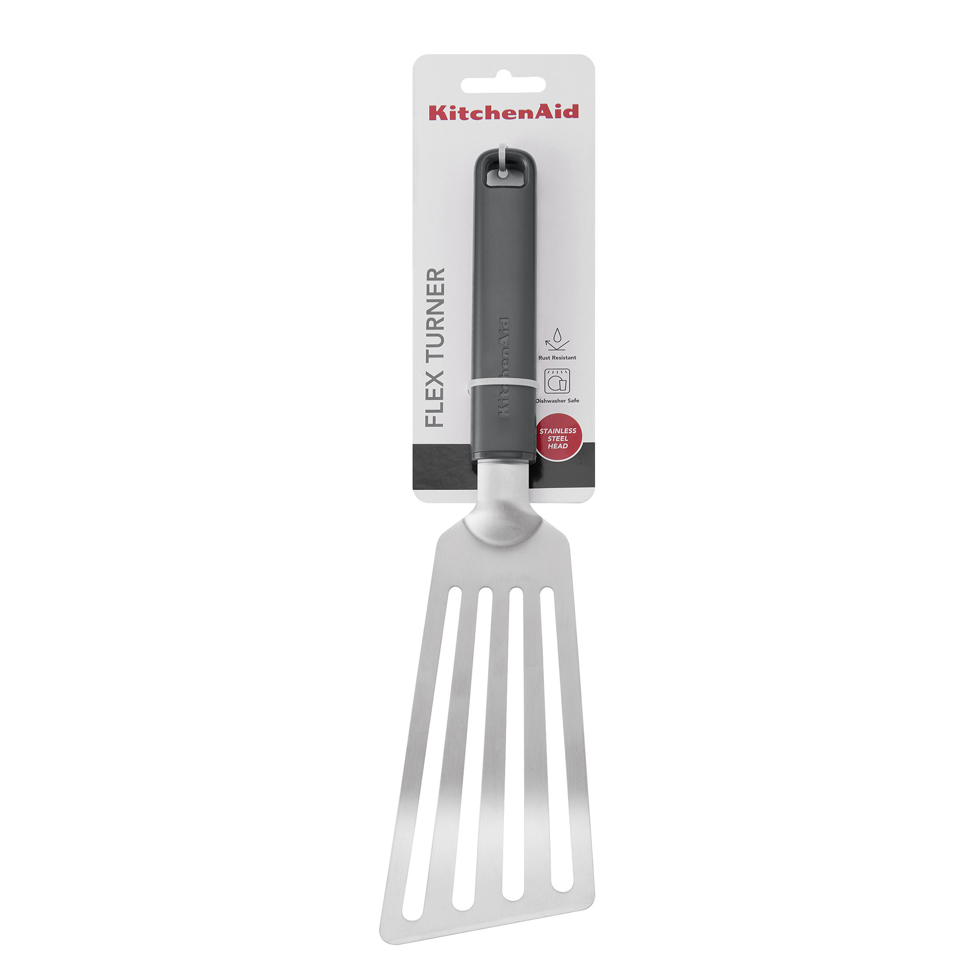 KitchenAid Flex Turner mit grauem Griff und Edelstahlschlitzkopf.