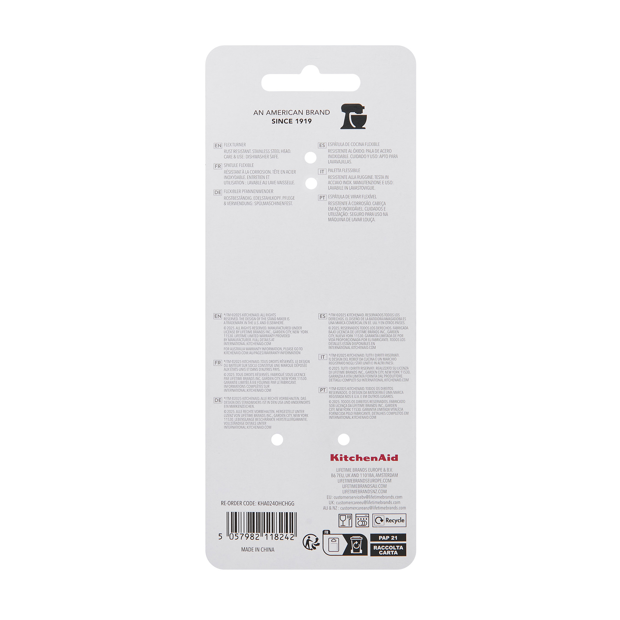 Verpackung mit Informationen und Logo von KitchenAid. Enthält Text in mehreren Sprachen.