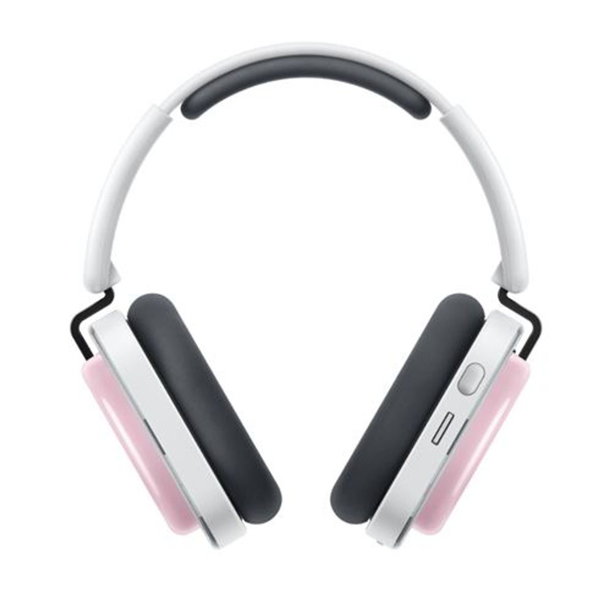 Ein weißes, graues und rosa Headset mit Ohrmuscheln und einem gepolsterten Kopfbügel.