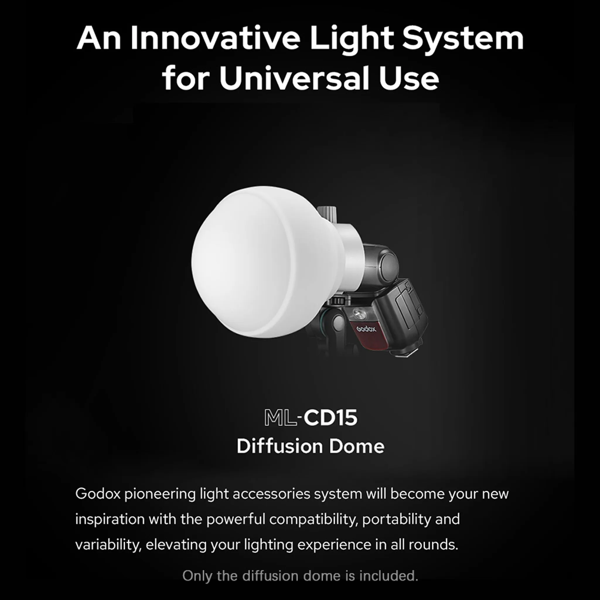 Ein weißer Diffusionsdom auf einem schwarzen Godox Blitz. Titel: ML-CD15 Diffusion Dome.