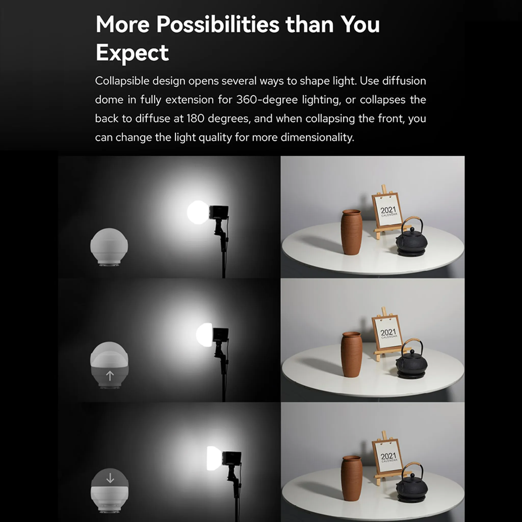 Kollisionsfähiger Lichtmodifikator in 3 Stufen mit Licht-Setups und Tisch-Vignetten.