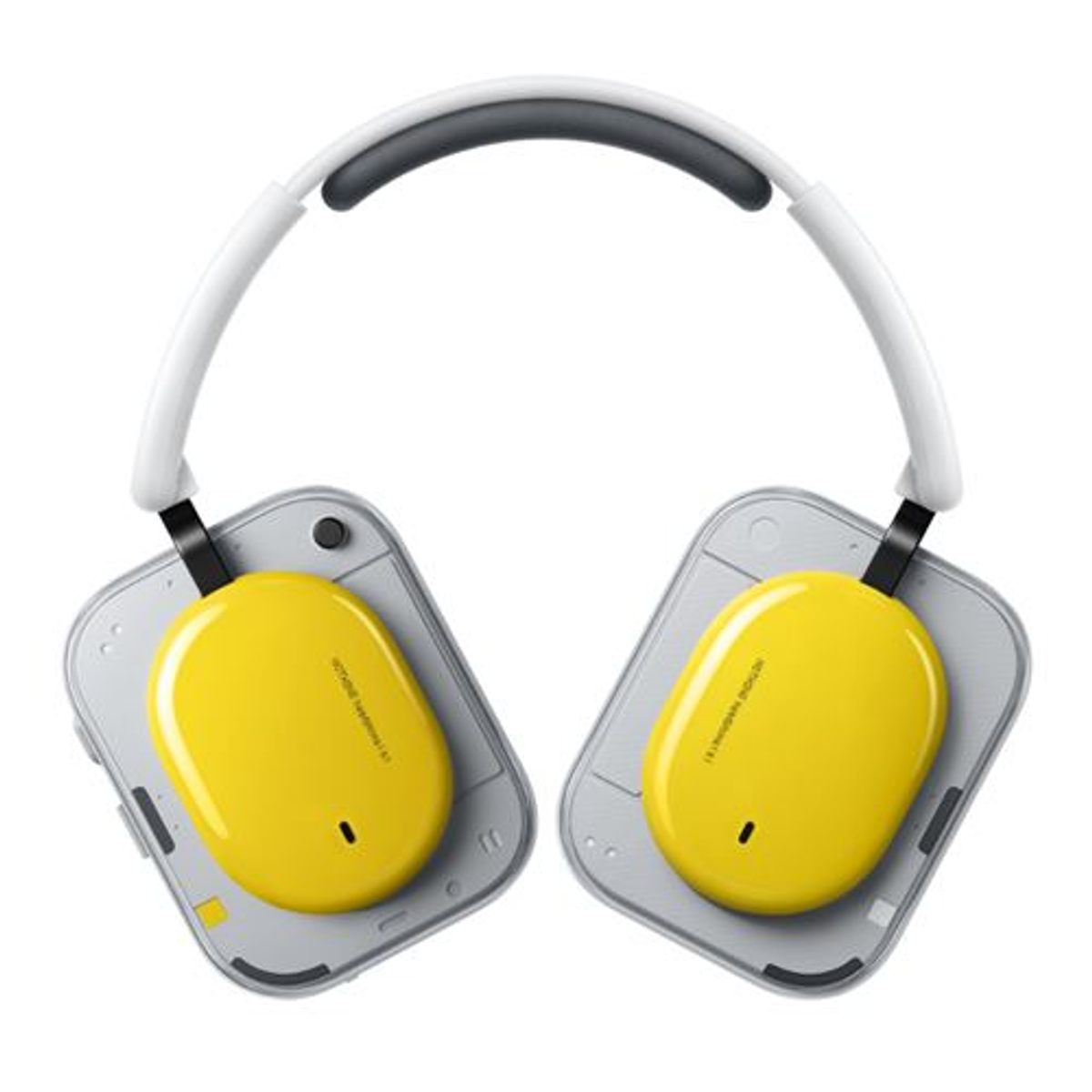 Gelber und grauer Over-Ear-Kopfhörer mit weißem Kopfbügel. Produktaufnahme.
