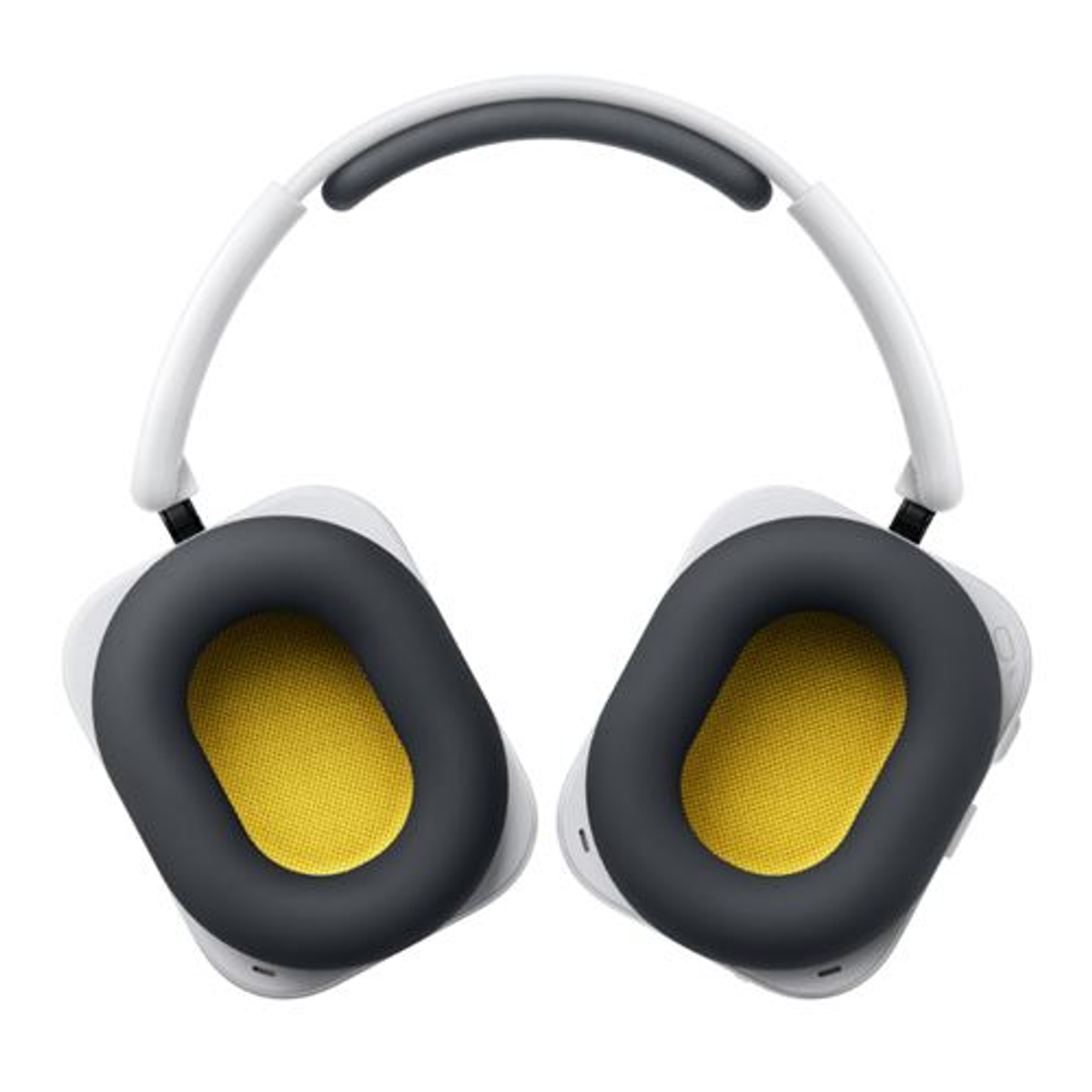 Over-Ear-Kopfhörer mit weißem Bügel, grauen Ohrmuscheln und gelber Innenpolsterung.