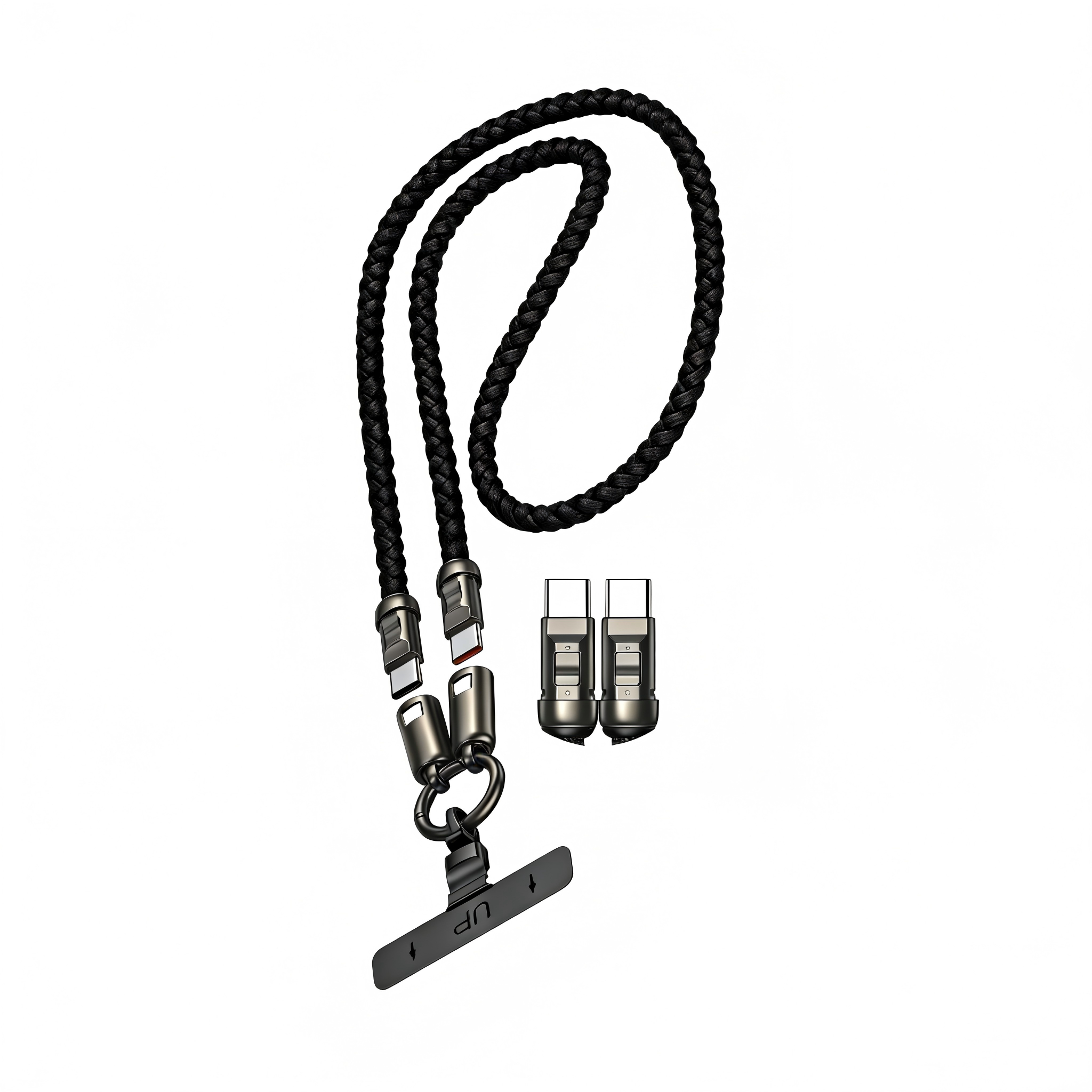 Schwarzes geflochtenes Ladekabel mit mehreren USB-C-Anschlüssen und einem Anhänger.