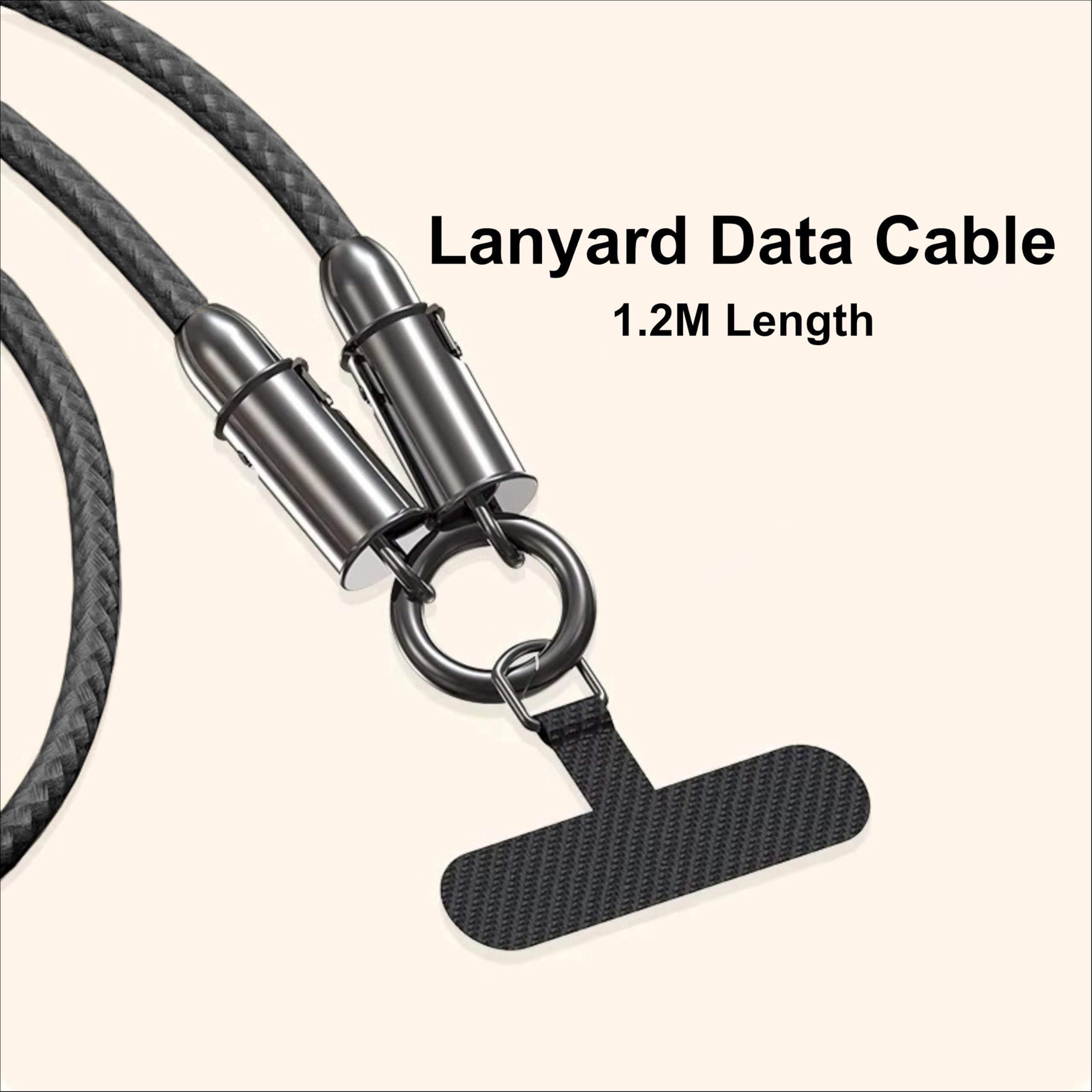 Ein schwarzes Lanyard-Datenkabel mit silbernen Metallanschlüssen und einer Schlaufe.