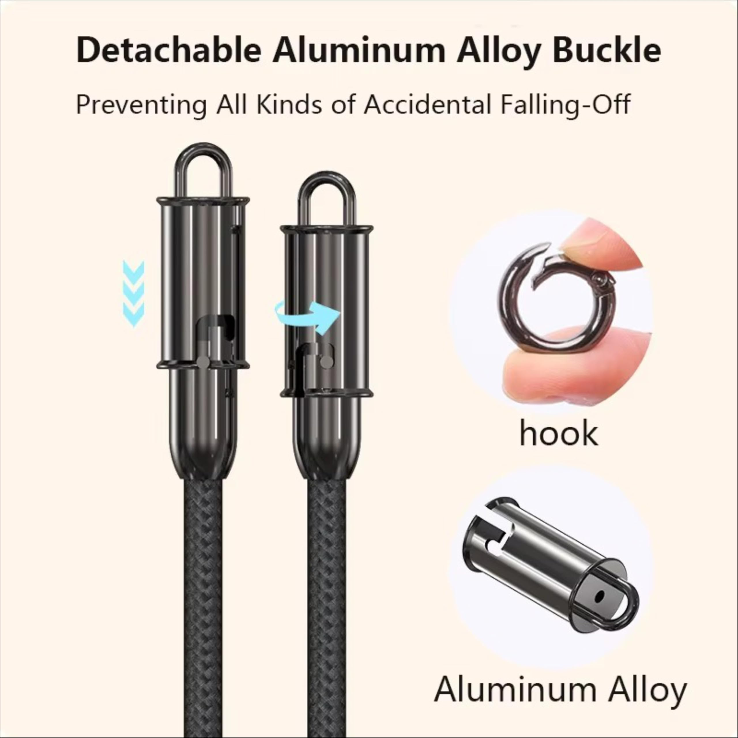 Abnehmbare Schnalle aus Aluminiumlegierung mit Haken, verhindert Stürze. Nahaufnahmen.
