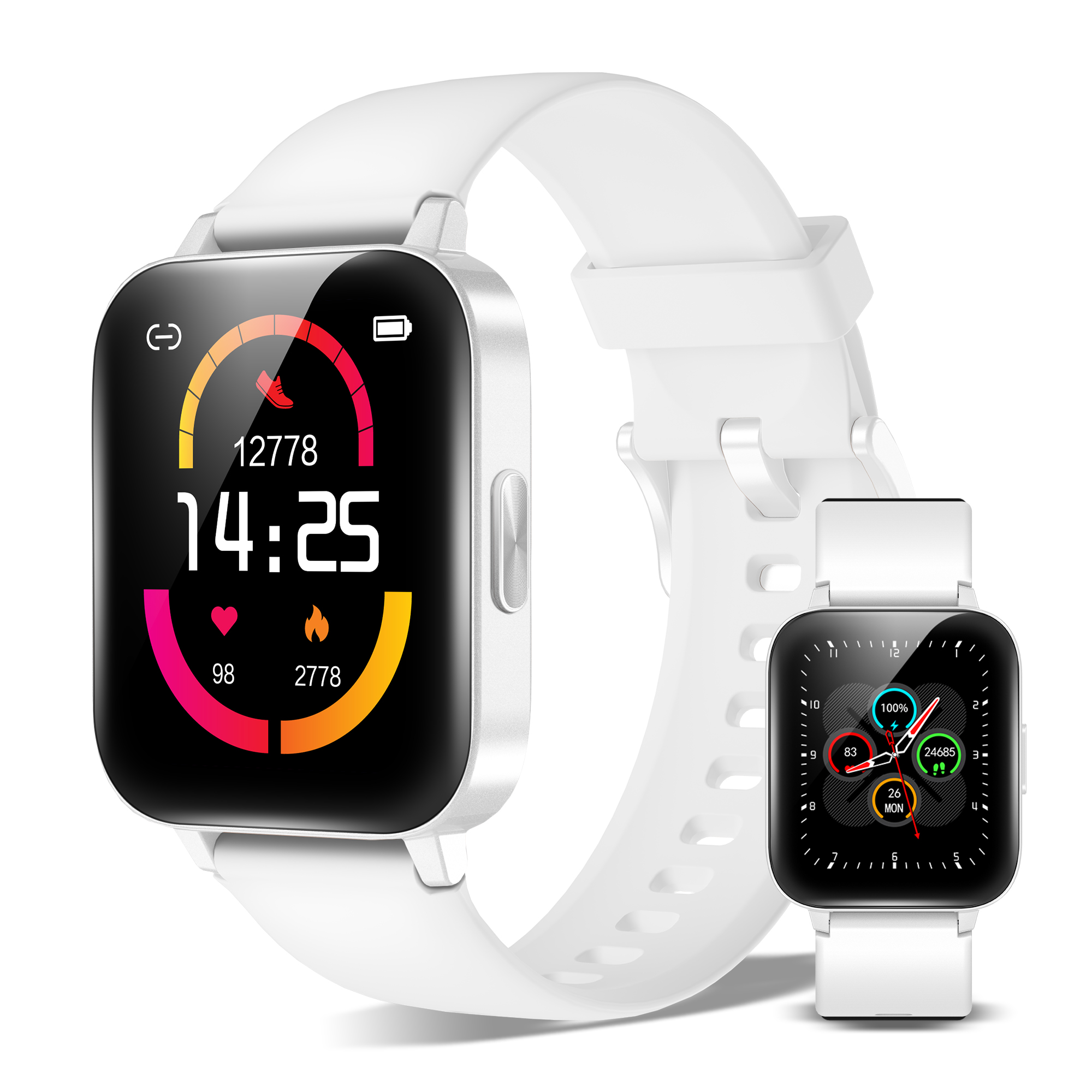 Zwei weiße Smartwatches mit Farbdisplays, die Zeit und Fitnessdaten anzeigen.