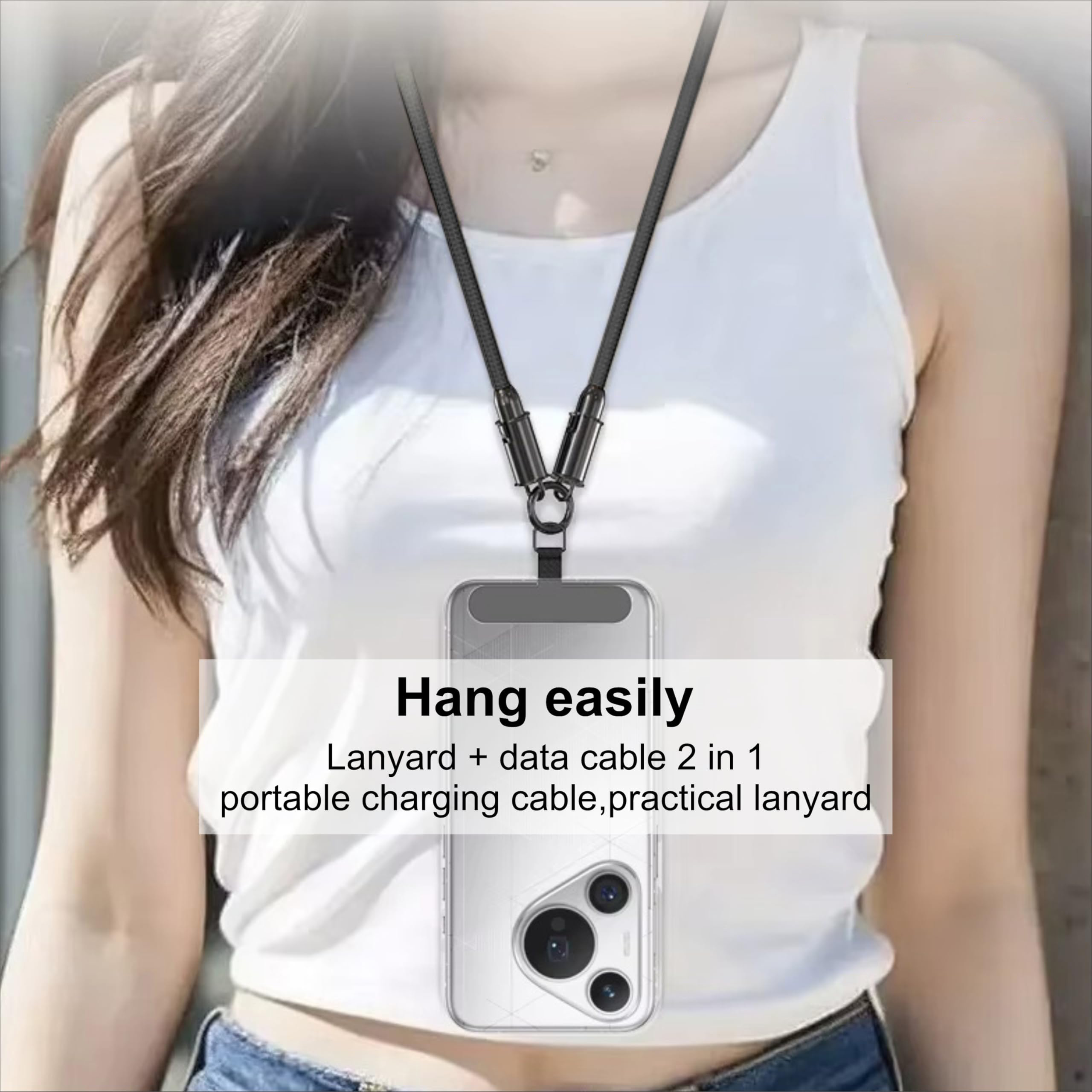 Frau mit einem Handy-Lanyard, das als Ladekabel dient.