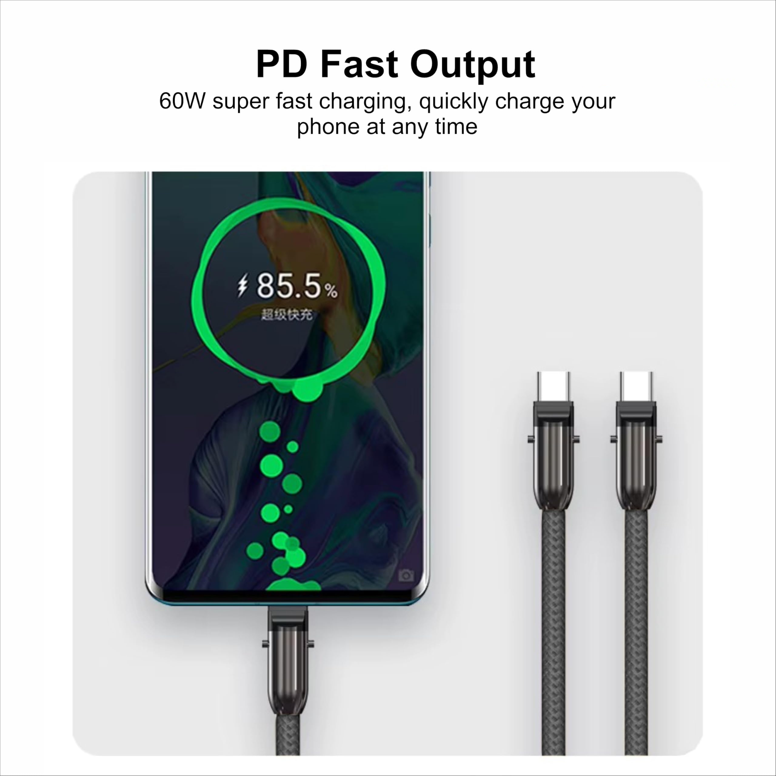 Ein Smartphone wird mit 85,5% Ladung angezeigt, zwei USB-C-Kabel daneben.