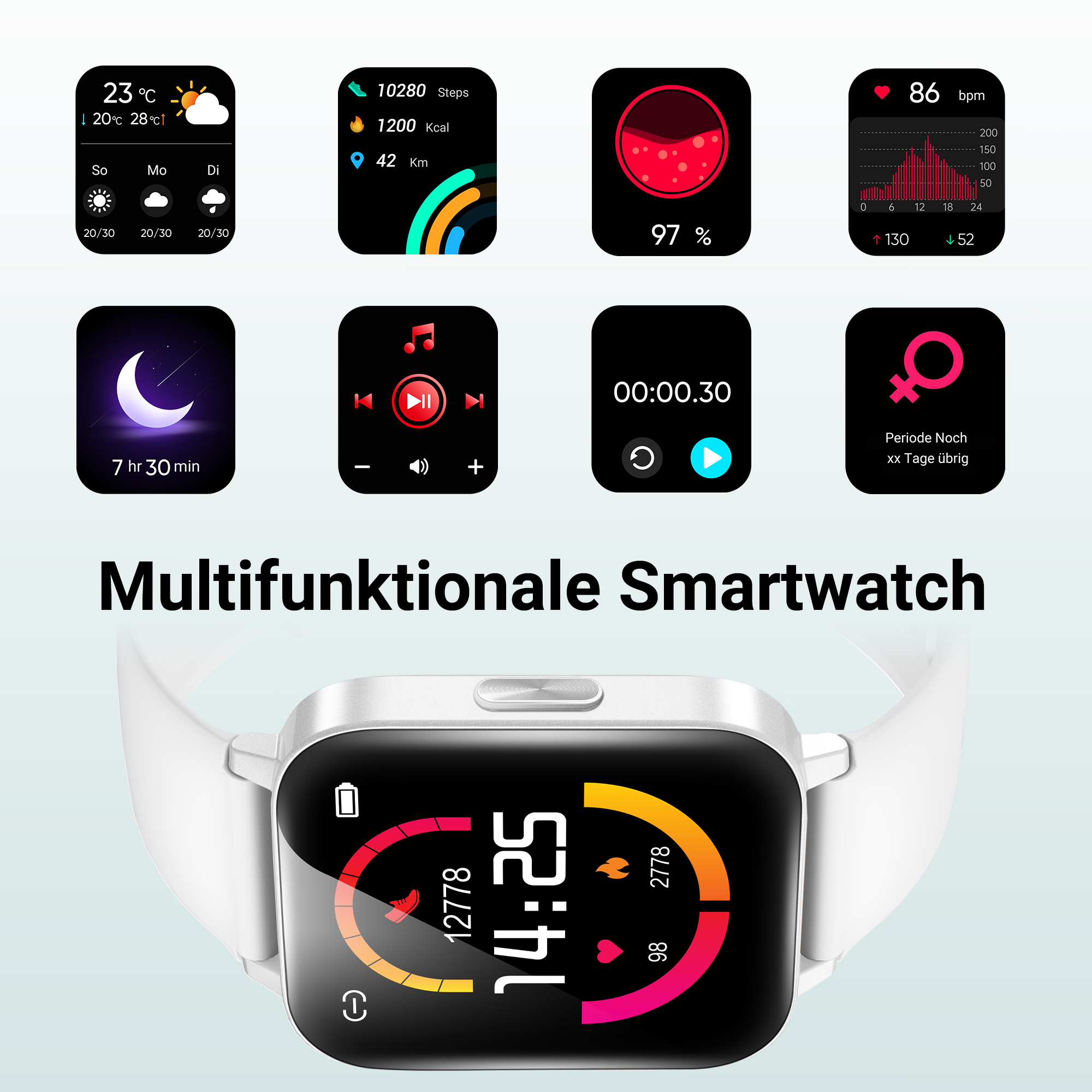 Smartwatch mit Wetter, Schritten, Kalorien, Distanz, Schlaf, Musik, Timer & Periode.