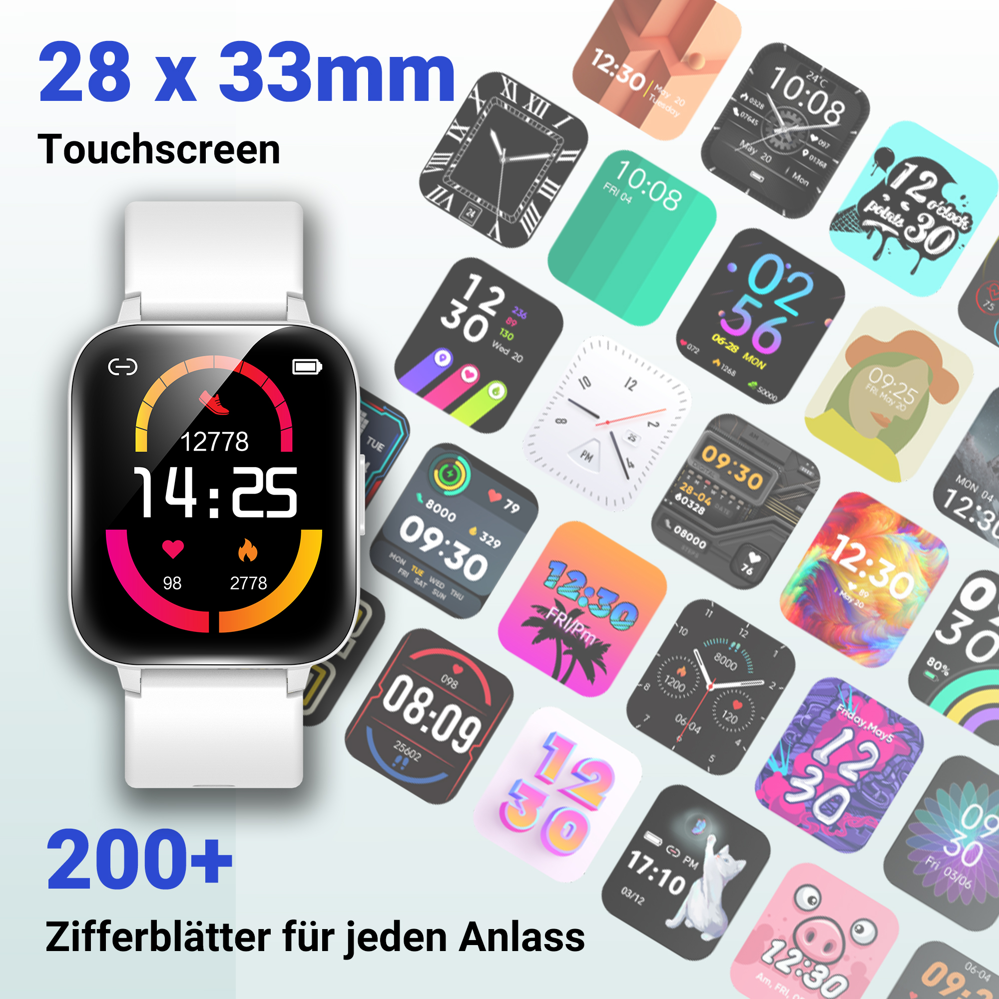 Weiße Smartwatch mit bunten Zifferblättern im Hintergrund.