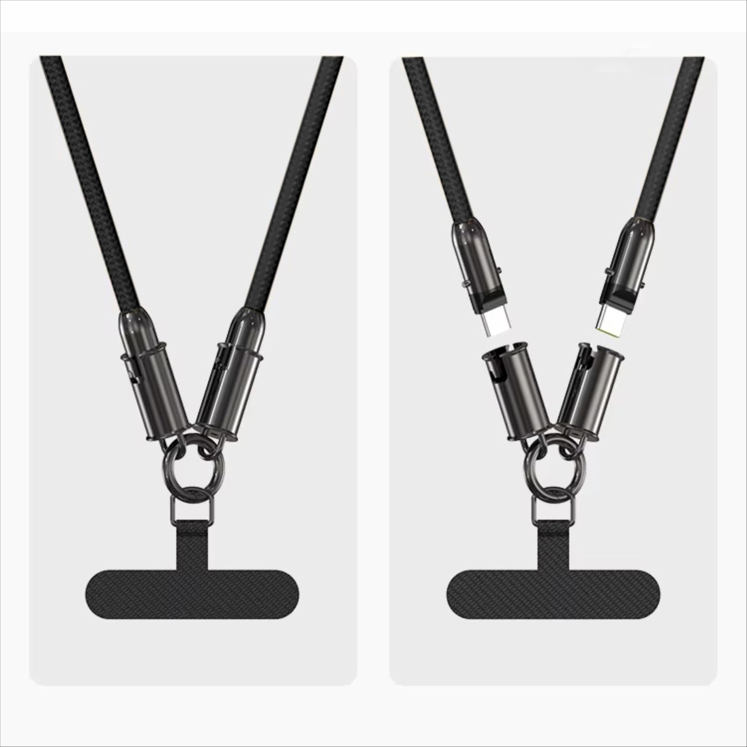 Zwei schwarze Lanyards mit Metallanschlüssen und einem Handy-Schlaufe.