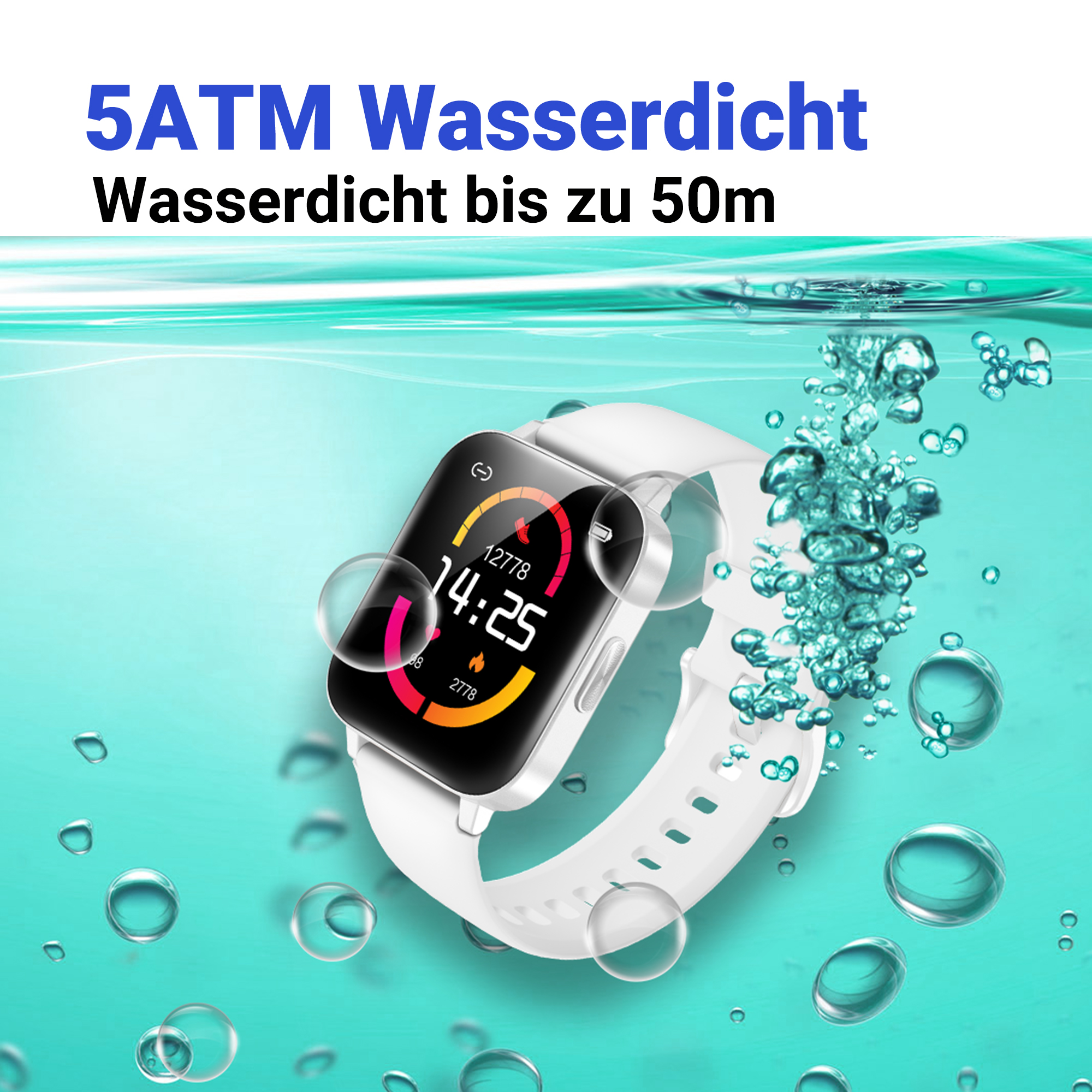 Weiße Smartwatch unter Wasser mit Blasen und Text.