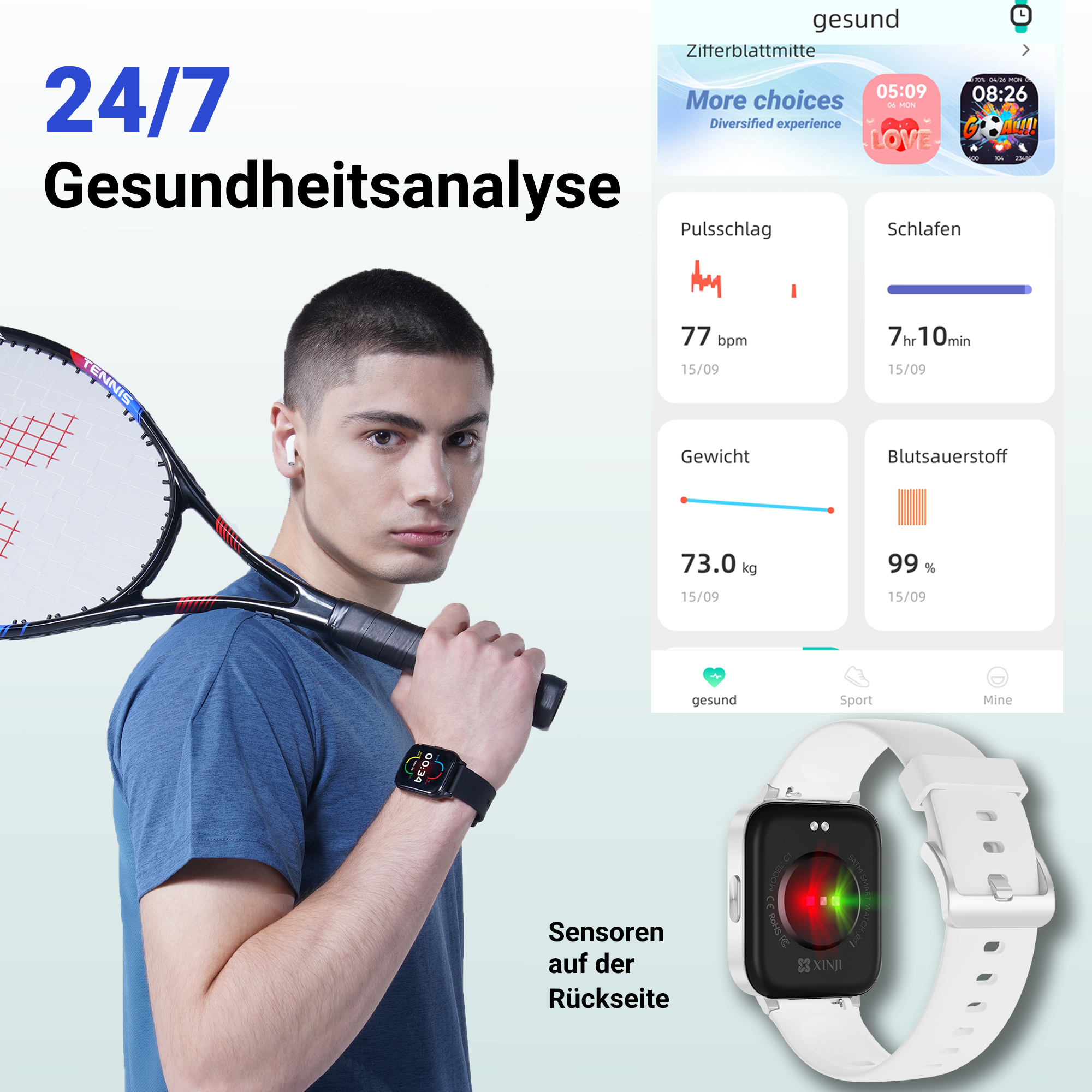 Mann mit Tennisschläger und Smartwatch zeigt Gesundheitsdaten wie Puls, Schlaf, Gewicht.