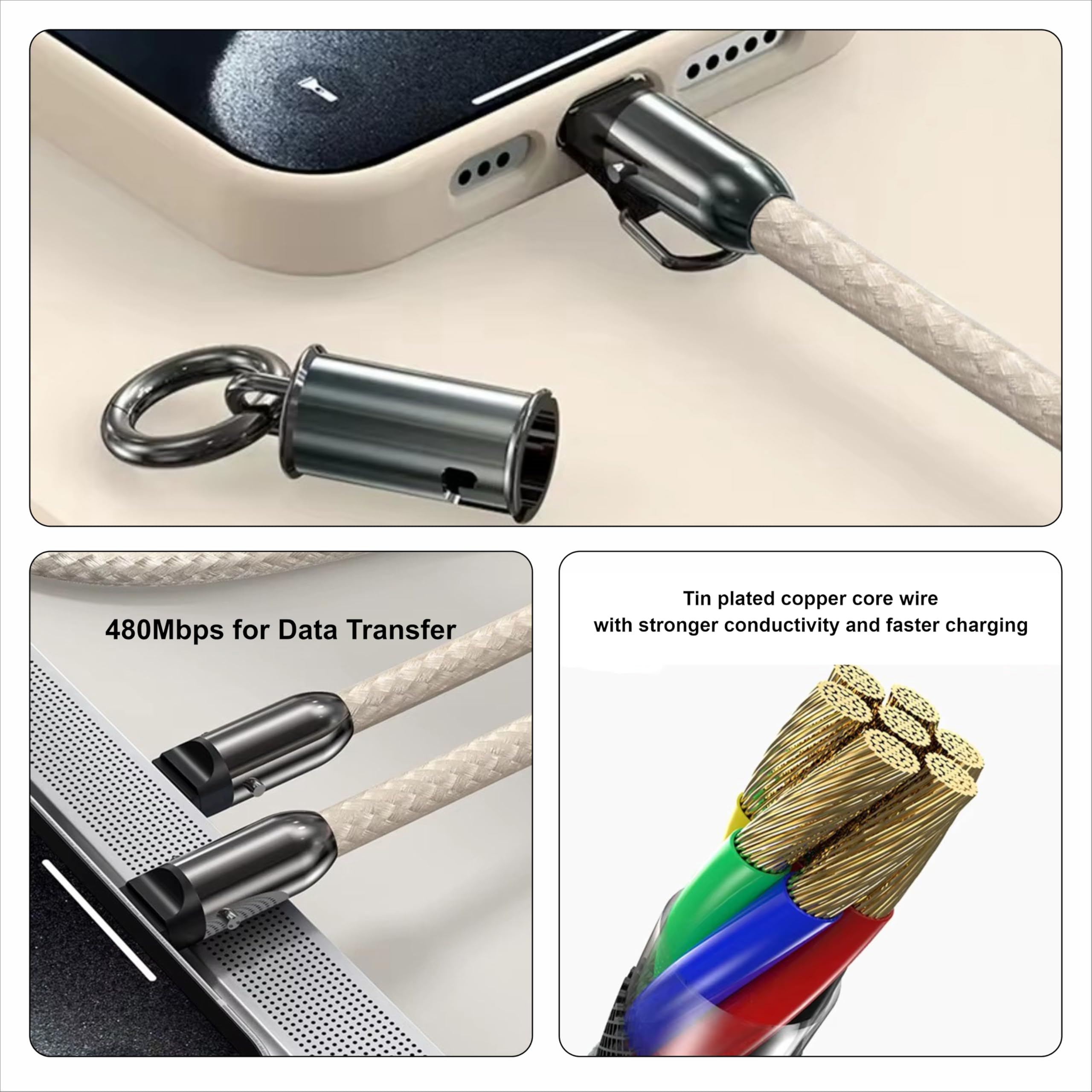 Ladekabel wird in ein Smartphone gesteckt, zeigt Datenübertragung & Kupferkerne.