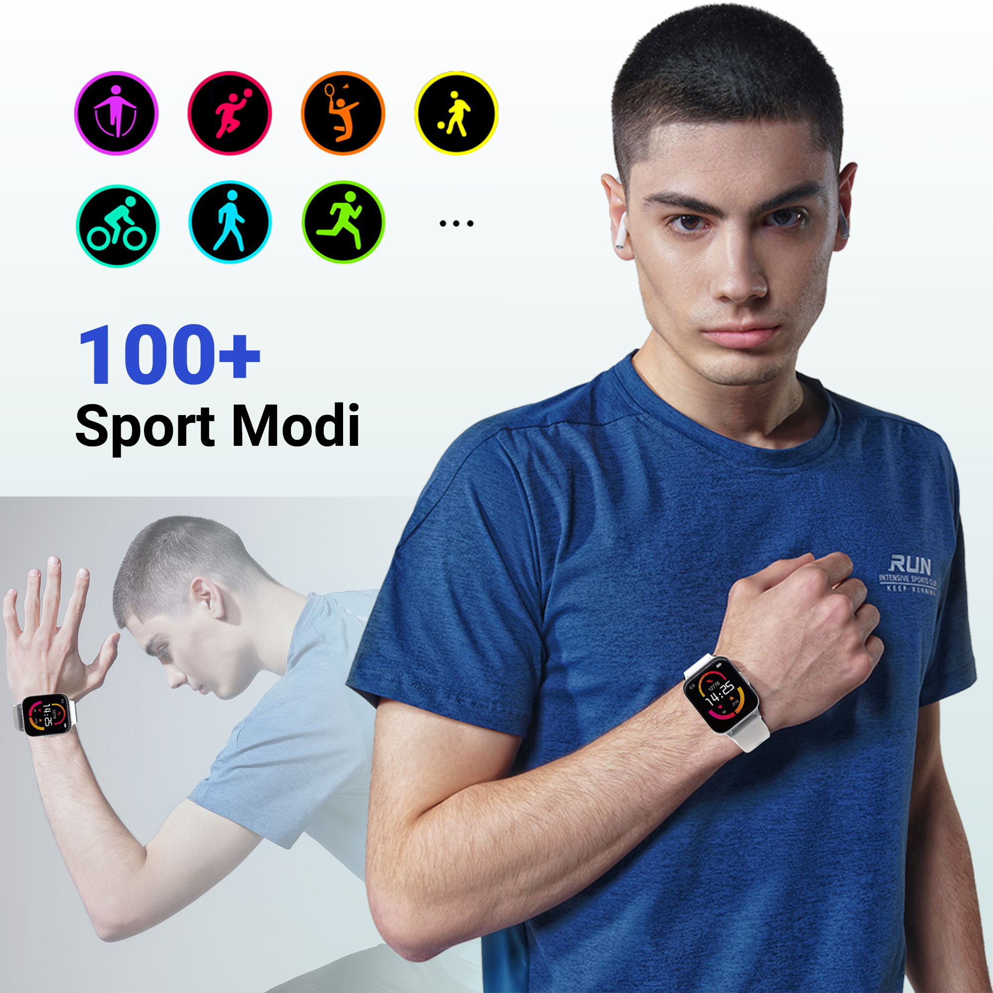 Sport Icons und ein Mann mit Smartwatch, 100+ Sport Modi.