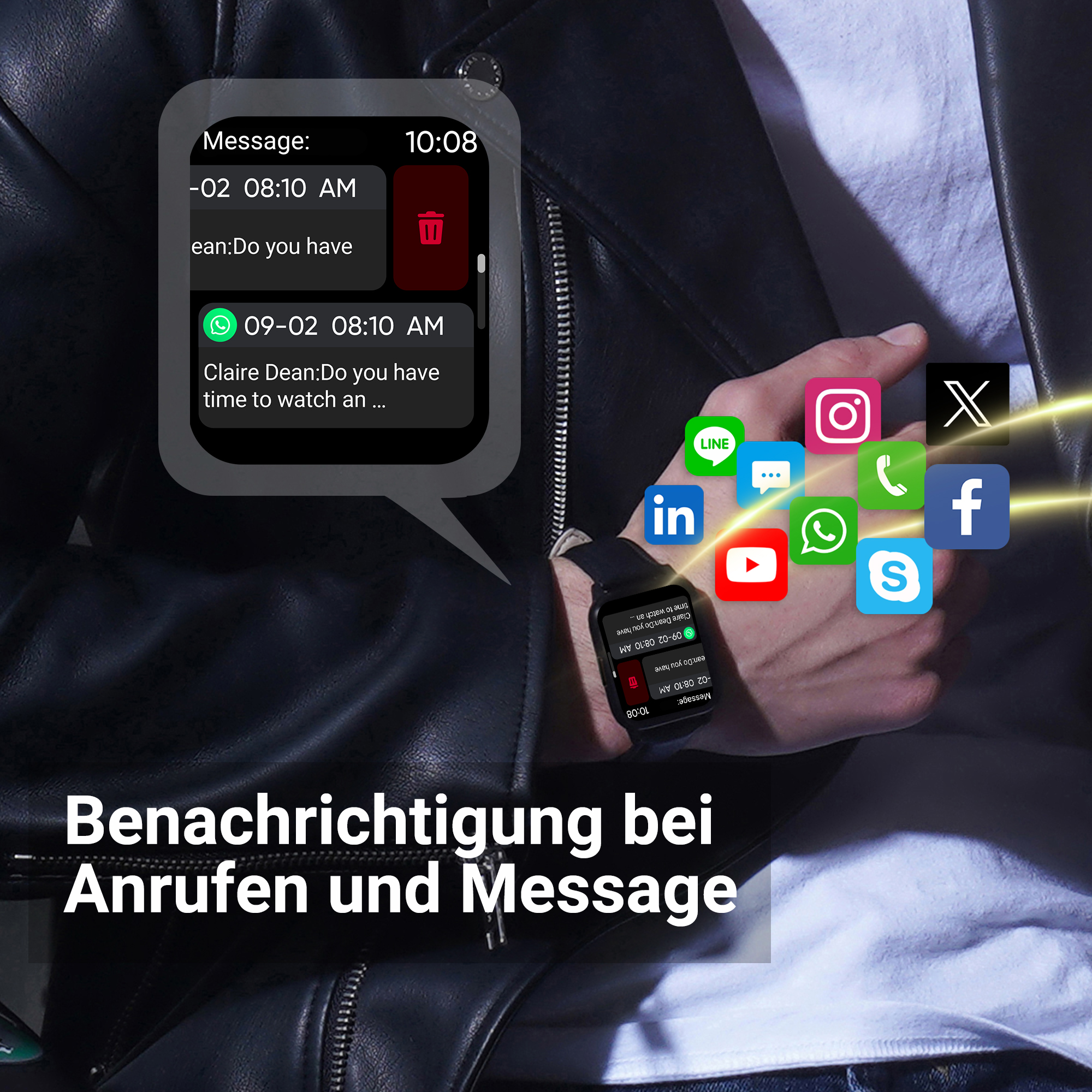 Smartwatch zeigt Benachrichtigungen von Apps wie WhatsApp, Instagram, Facebook, X.