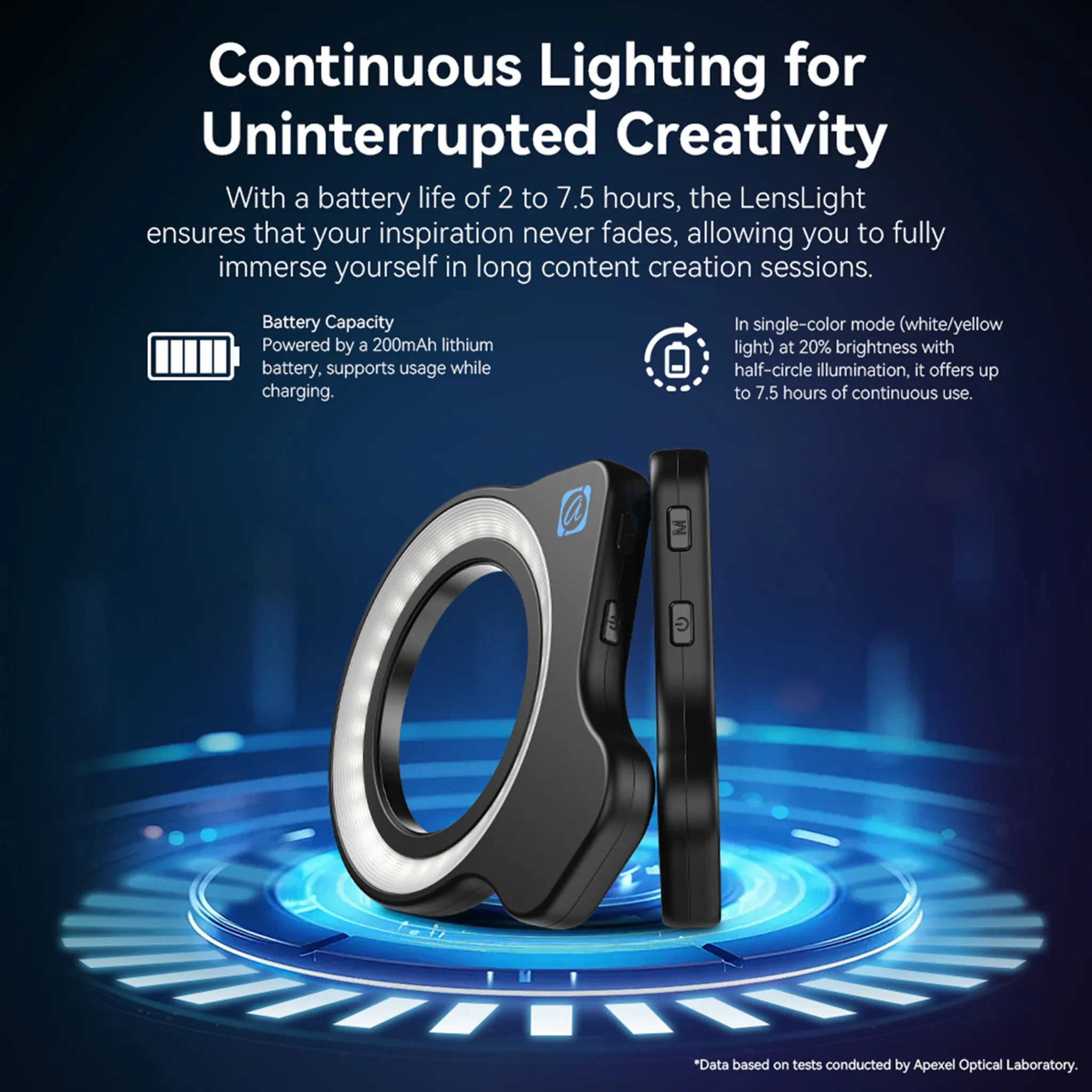 Ein schwarzes Ringlicht mit Bedienelementen auf einem blauen, futuristischen Hintergrund.