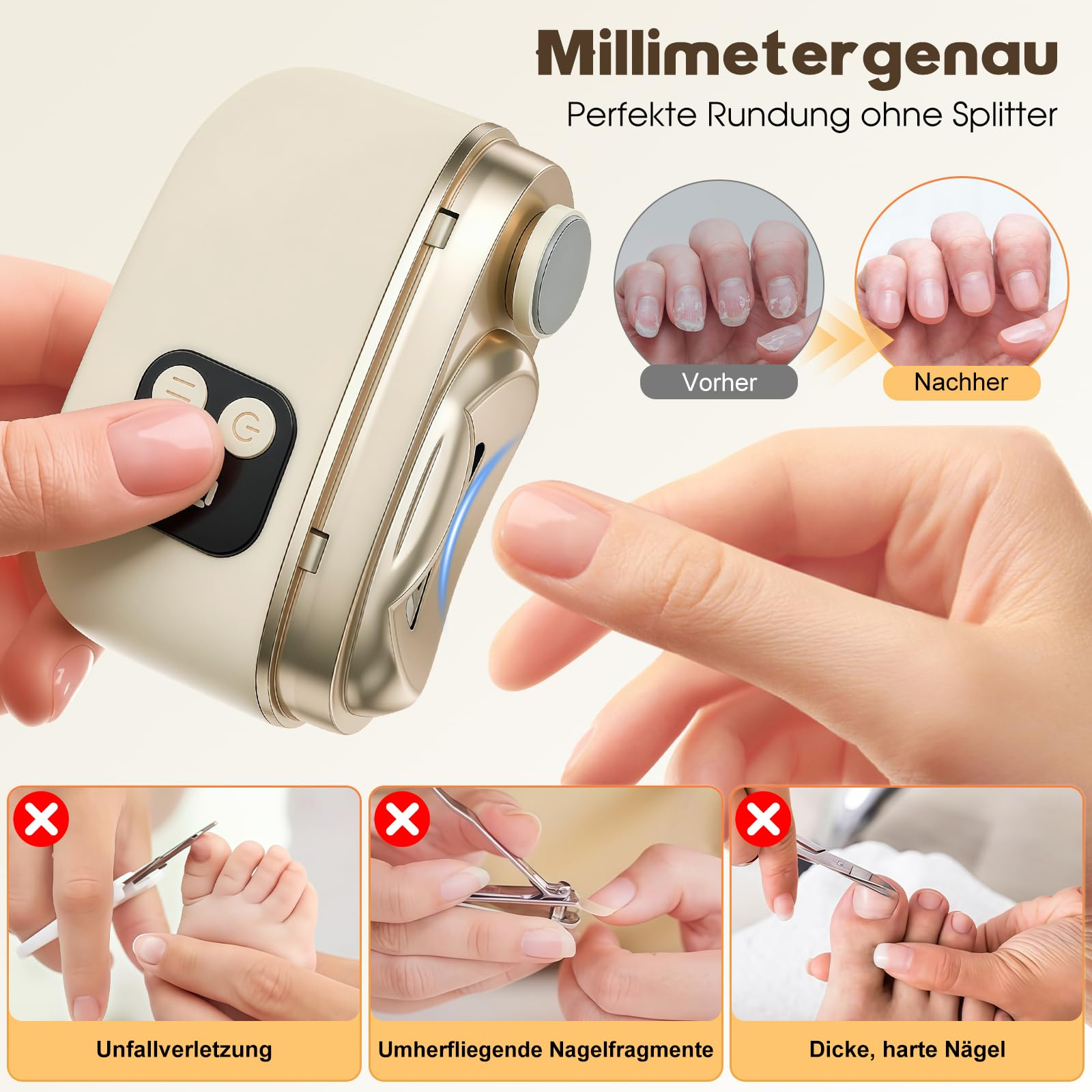 Ein Nagelhautentferner mit drei kleinen Bildern, die Nagelprobleme zeigen.