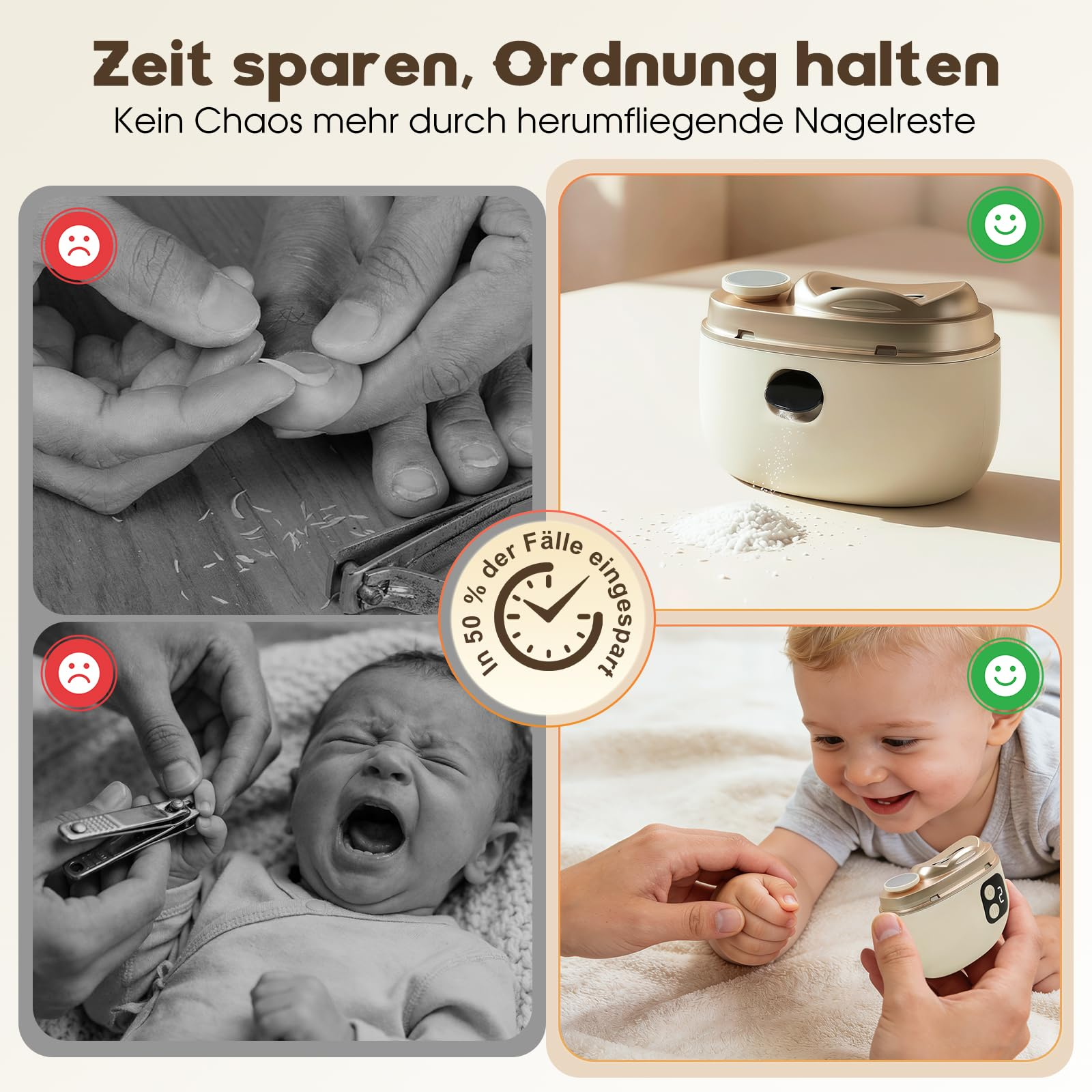 Zeitersparnis beim Nägelschneiden, kein Chaos mehr durch Nagelreste.