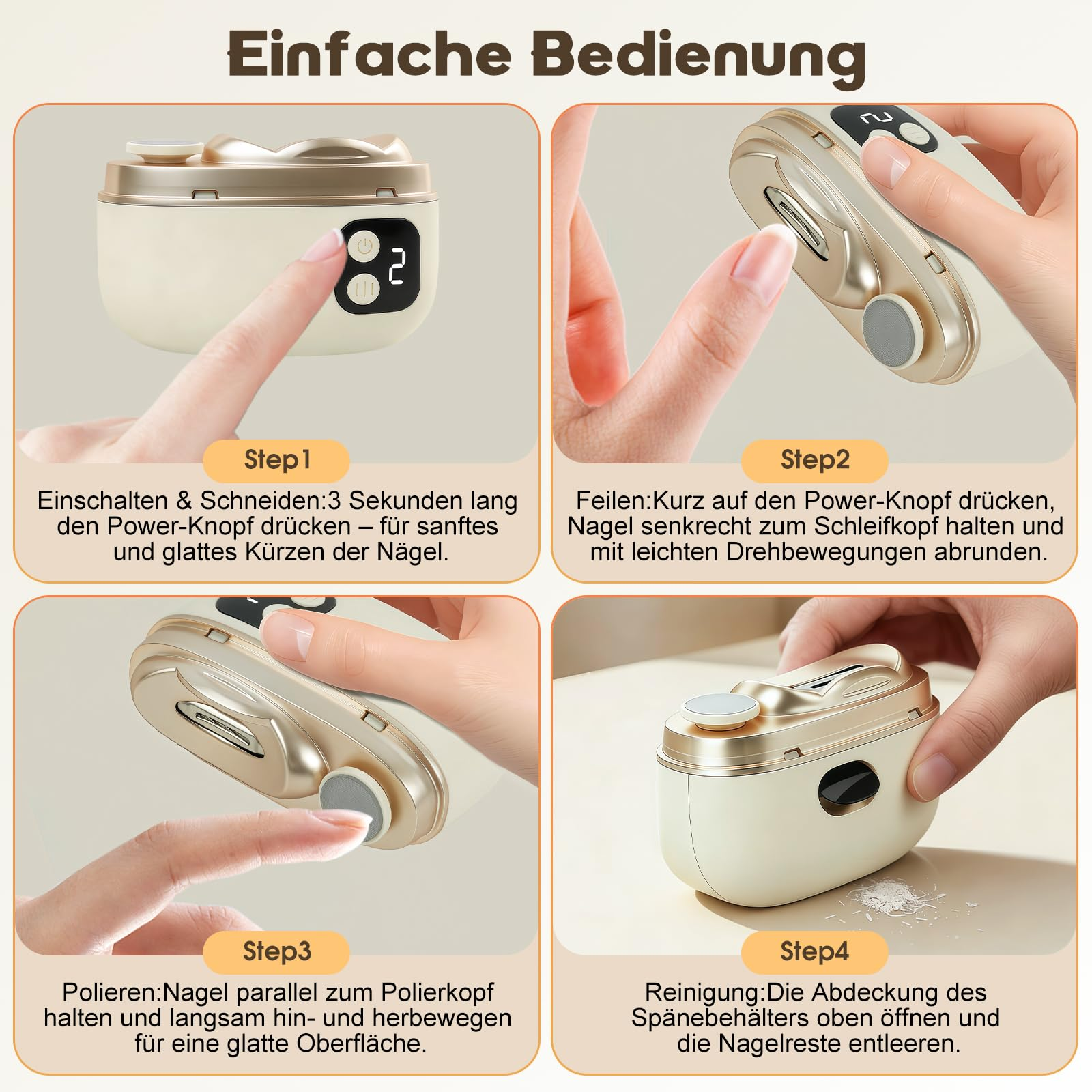 Anleitung in vier Schritten: Einschalten, Feilen, Polieren, Reinigen eines Nagelknipsers.