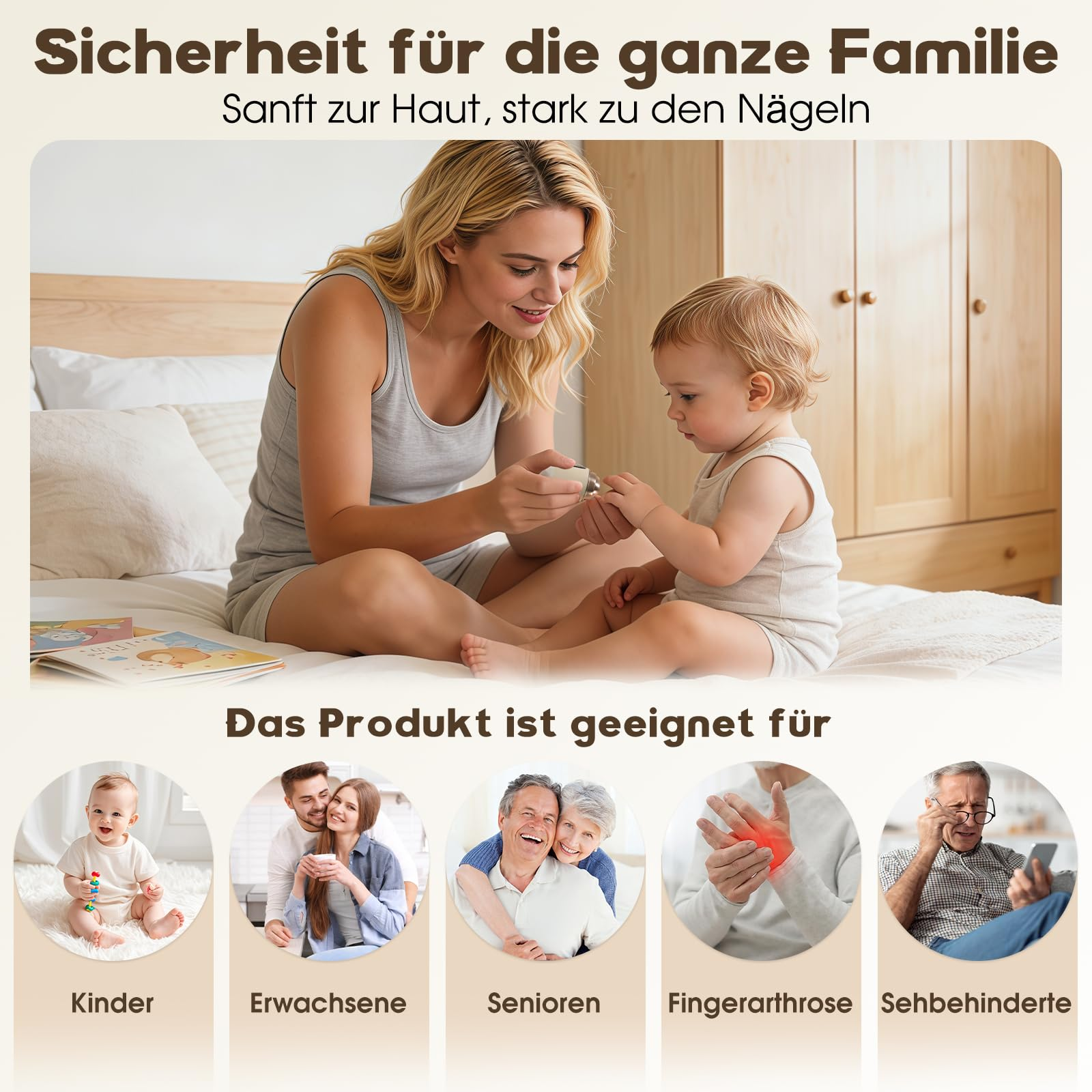 Mutter und Kind auf einem Bett, unten sind Bilder von Familien und Menschen mit Problemen.