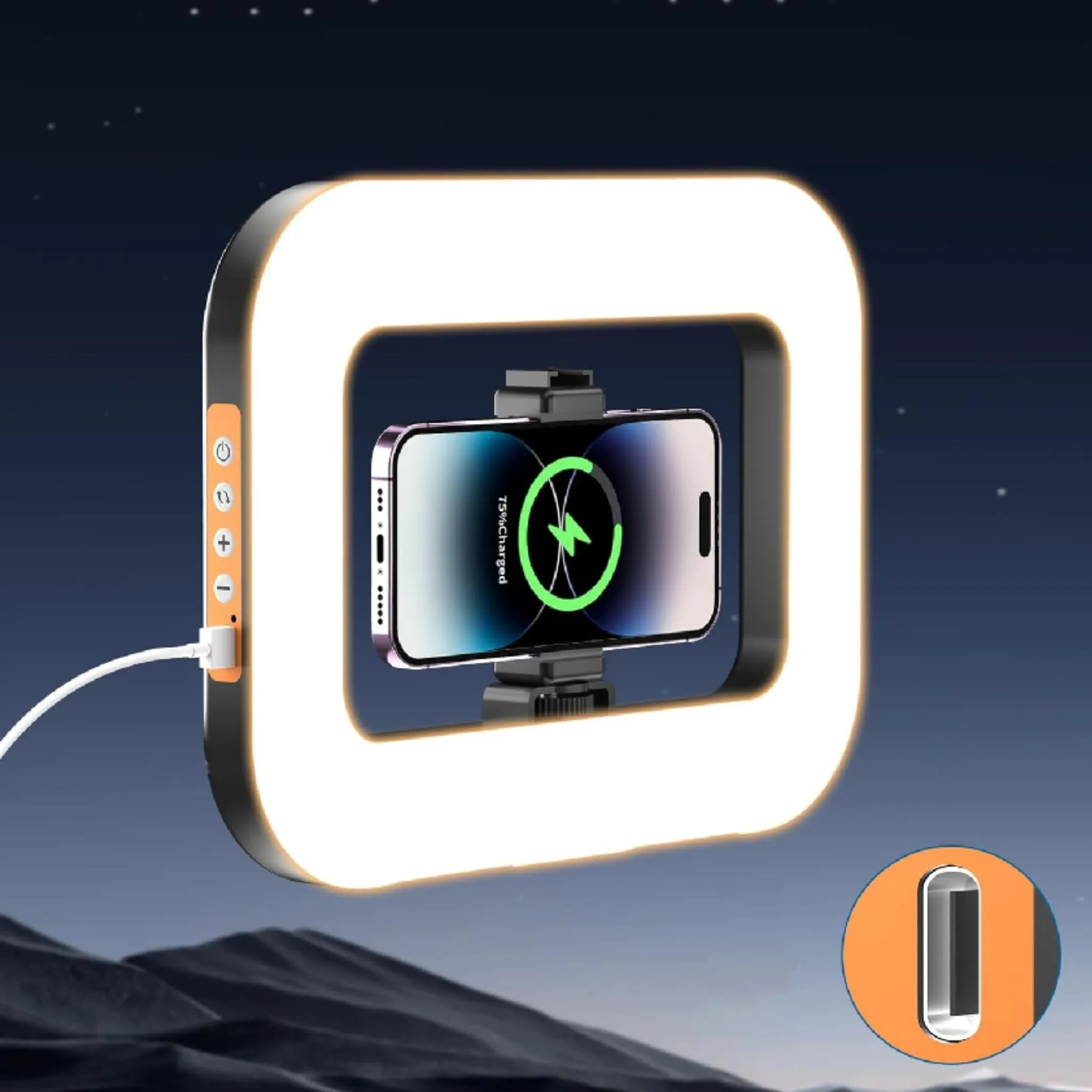 Ein Smartphone wird von einem Ringlicht beleuchtet, das auf einem dunklen Hintergrund schwebt.