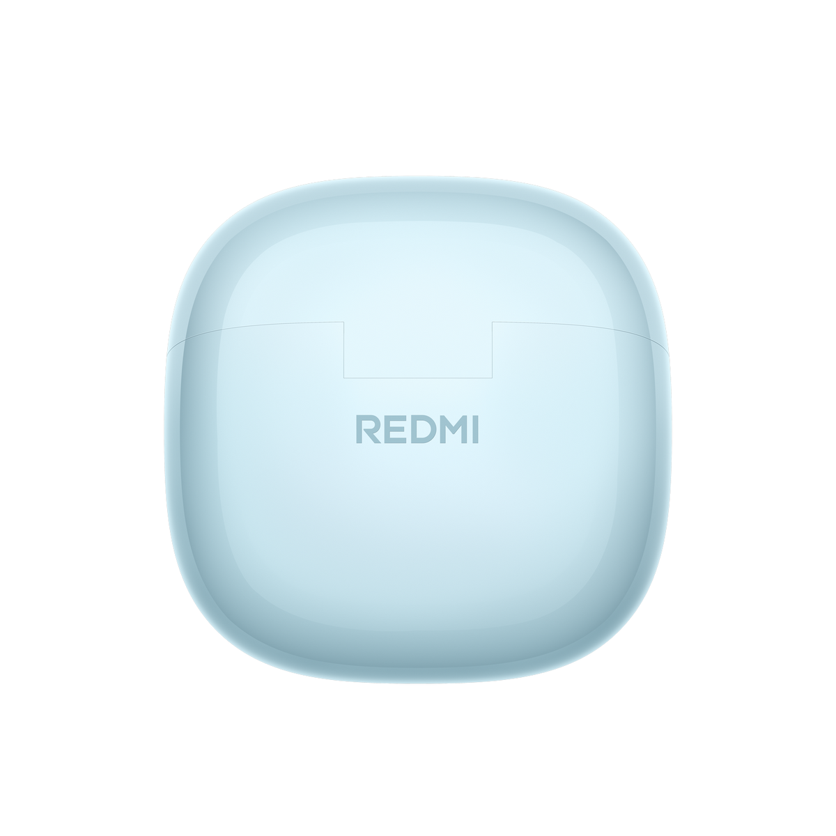 Een lichtblauwe oplaadcase voor oordopjes met het REDMI-logo.