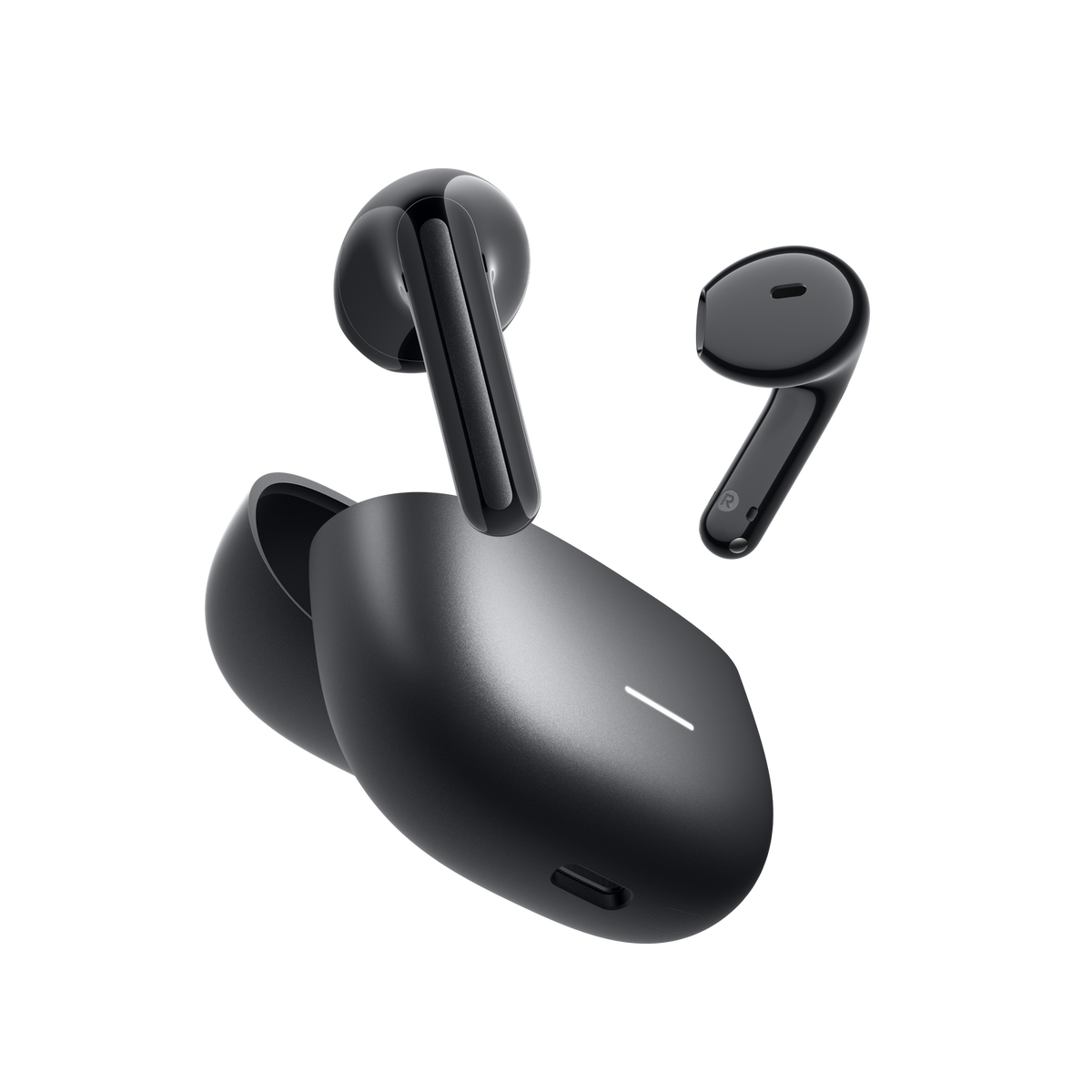 Auriculares inalámbricos negros con estuche de carga sobre fondo negro.