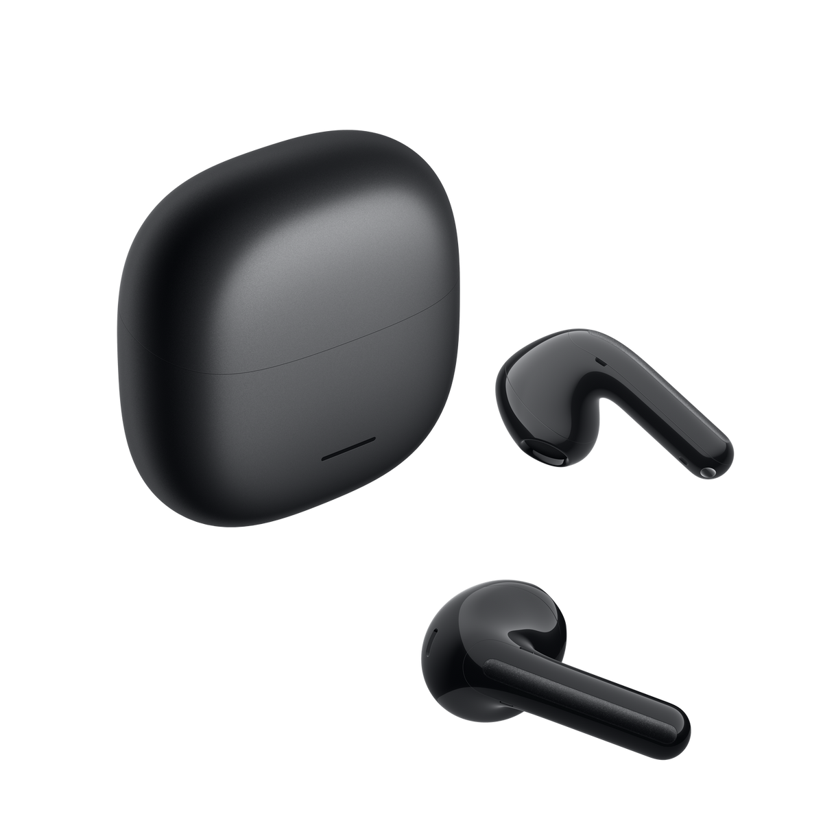 Funda de carga inalámbrica negra con dos auriculares al lado.