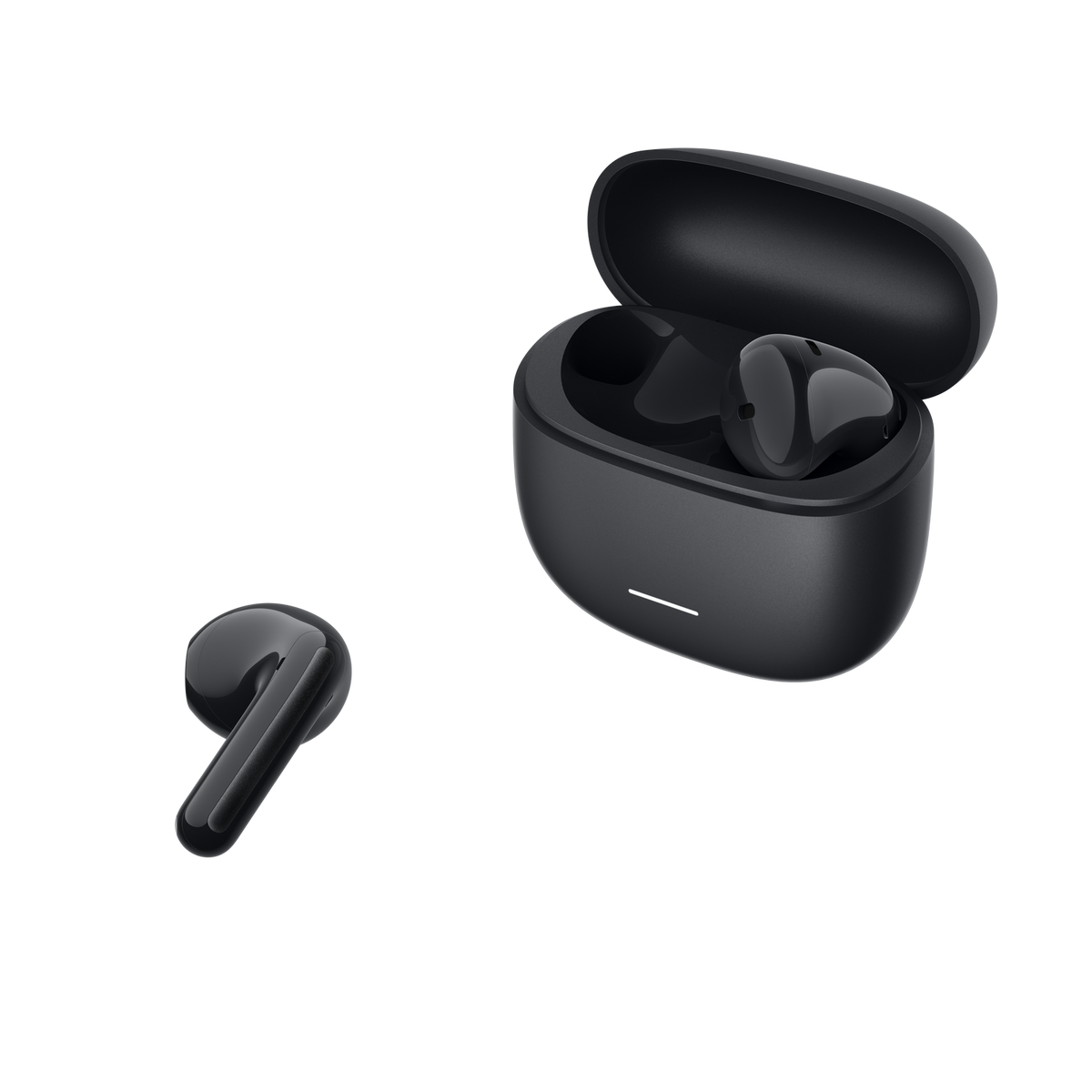 Auriculares inalámbricos negros, uno junto a un estuche de carga abierto.