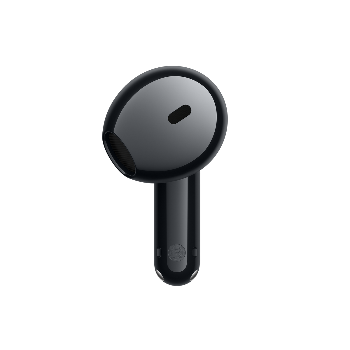 Un solo auricular negro con un símbolo R sobre fondo negro.